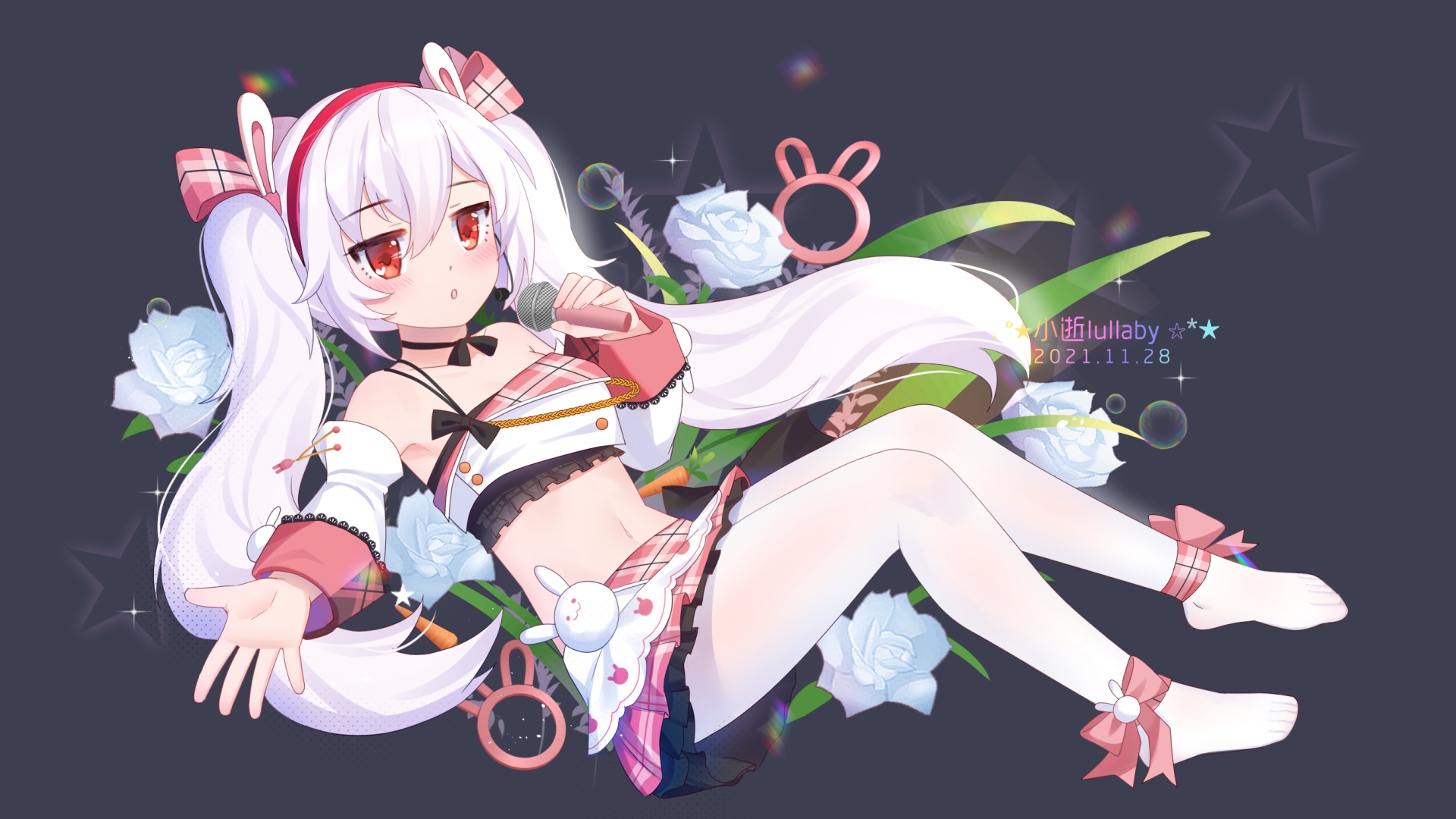 Anime girl with white twintails and red eyes singing HD Wallpaper