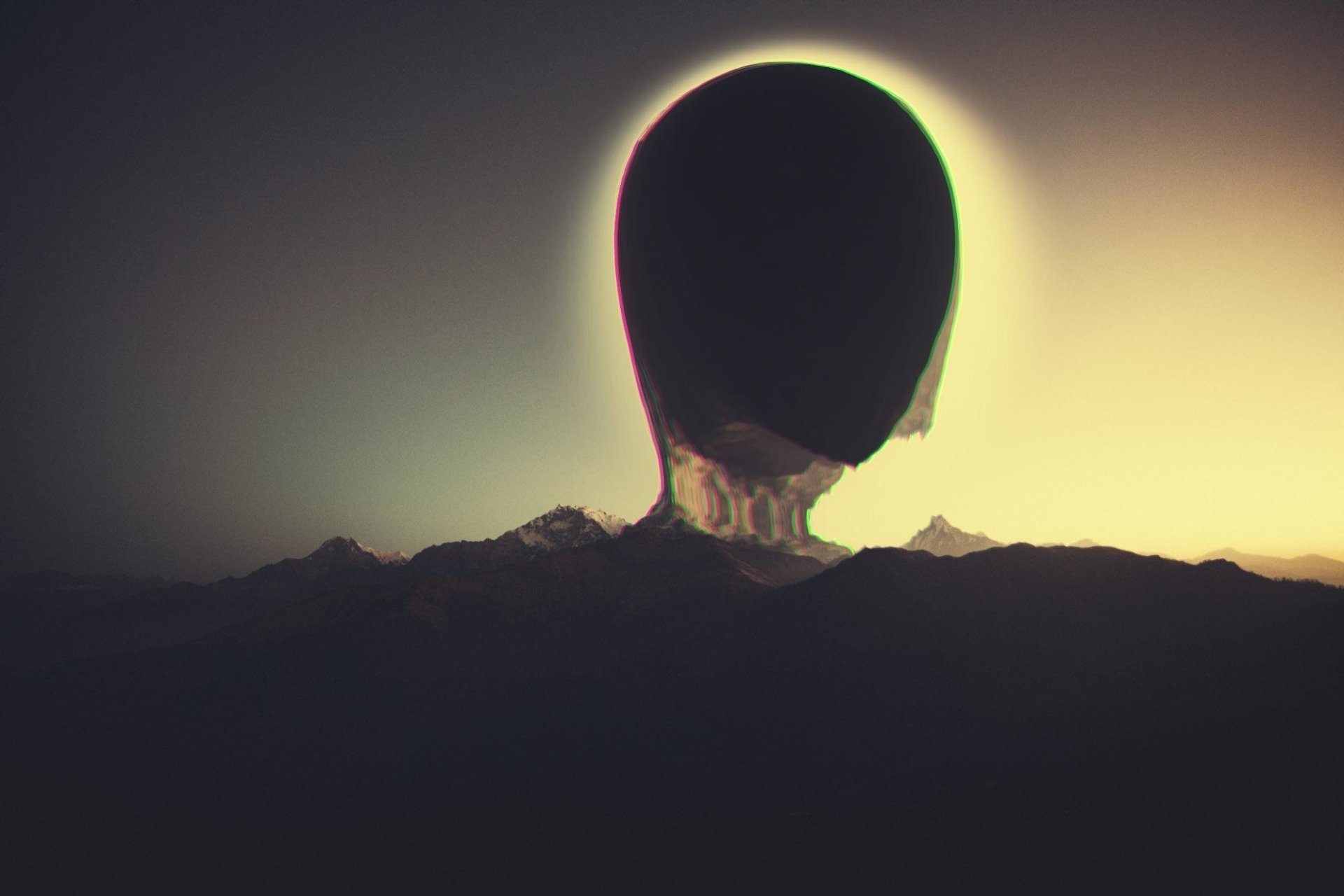 Glitch art of a dark silhouette against the sun HD Wallpaper