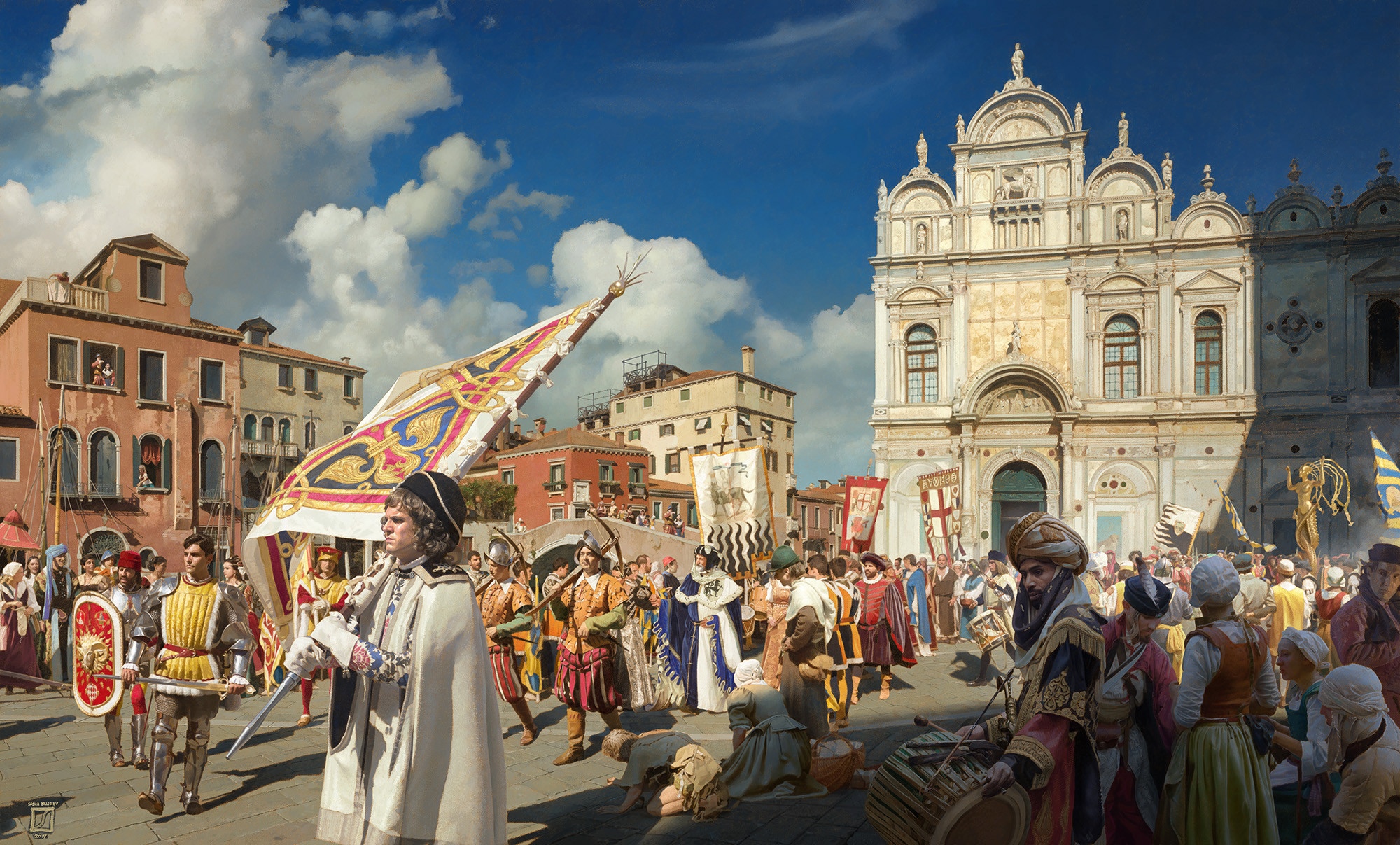 Venetian procession with historical figures and architecture HD Wallpaper