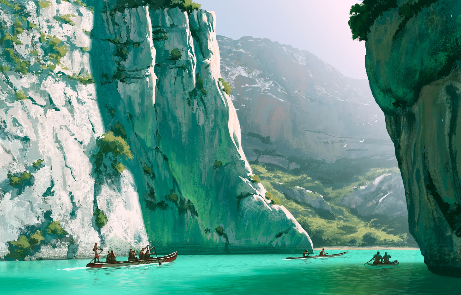 People in canoes on a turquoise river between cliffs HD Wallpaper