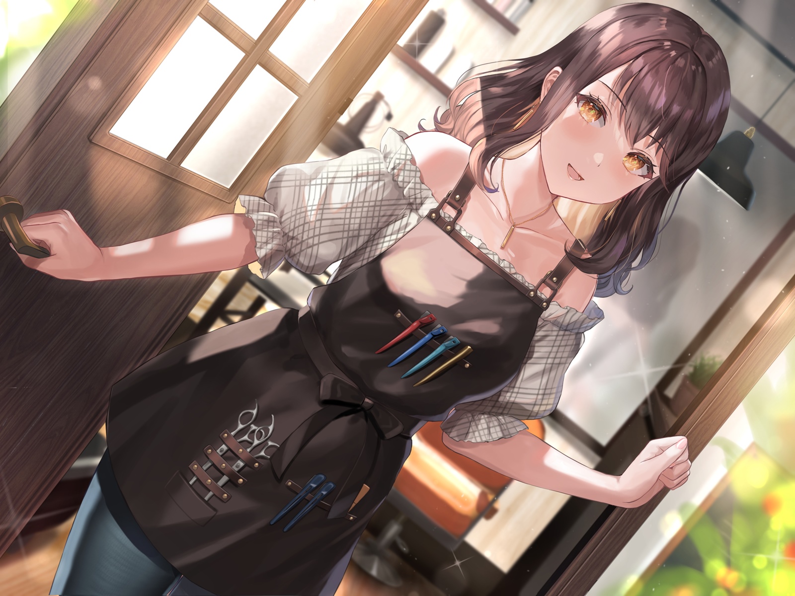 Anime girl with apron opening a door HD Wallpaper