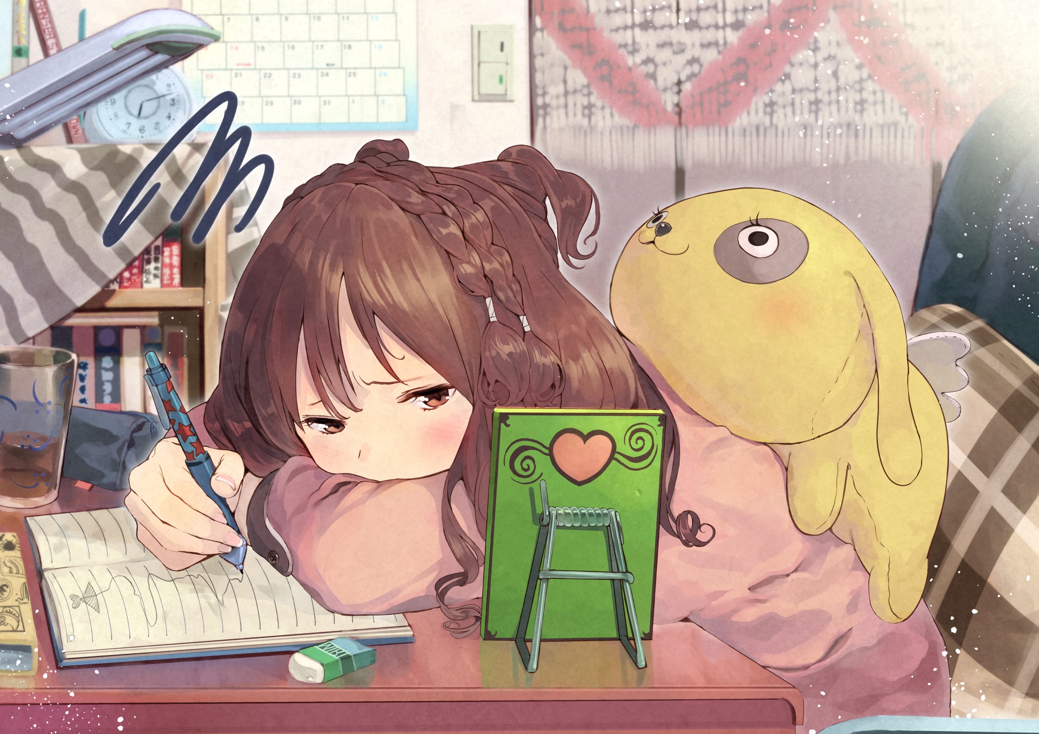 Anime girl Furukawa Itsuse with a doll studying HD Wallpaper