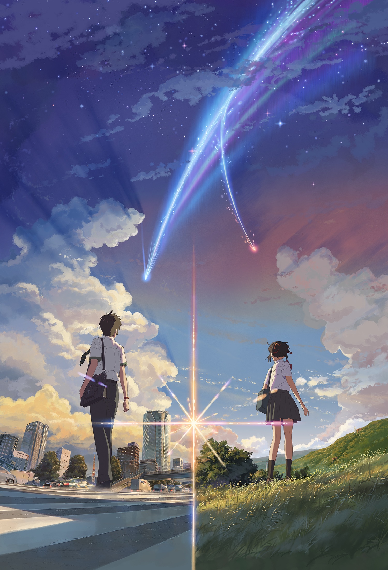Kimi no Na Wa: Taki and Mitsuha under shooting stars HD Phone Wallpaper