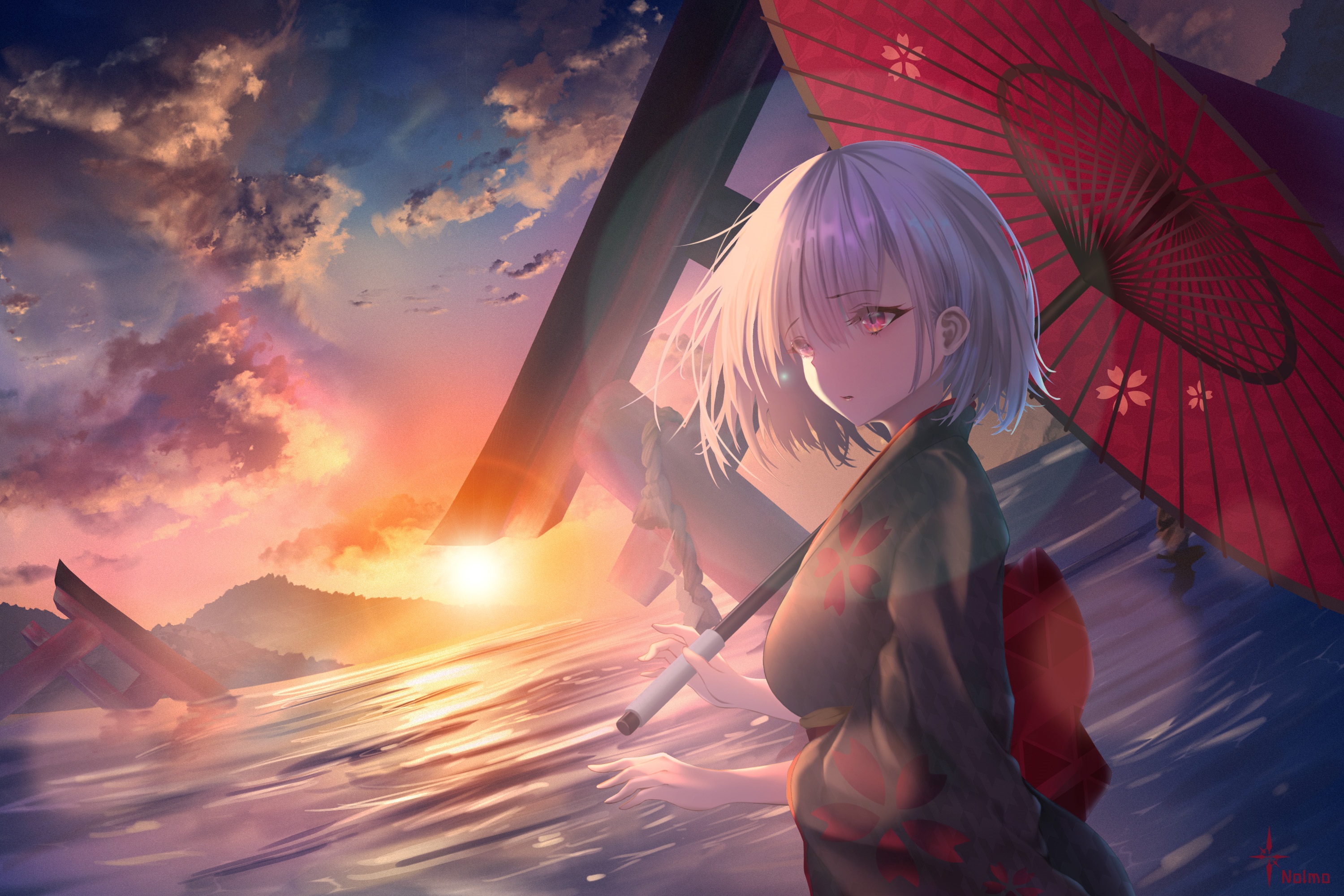 Nolmo with silver hair and red eyes holding an umbrella HD Wallpaper