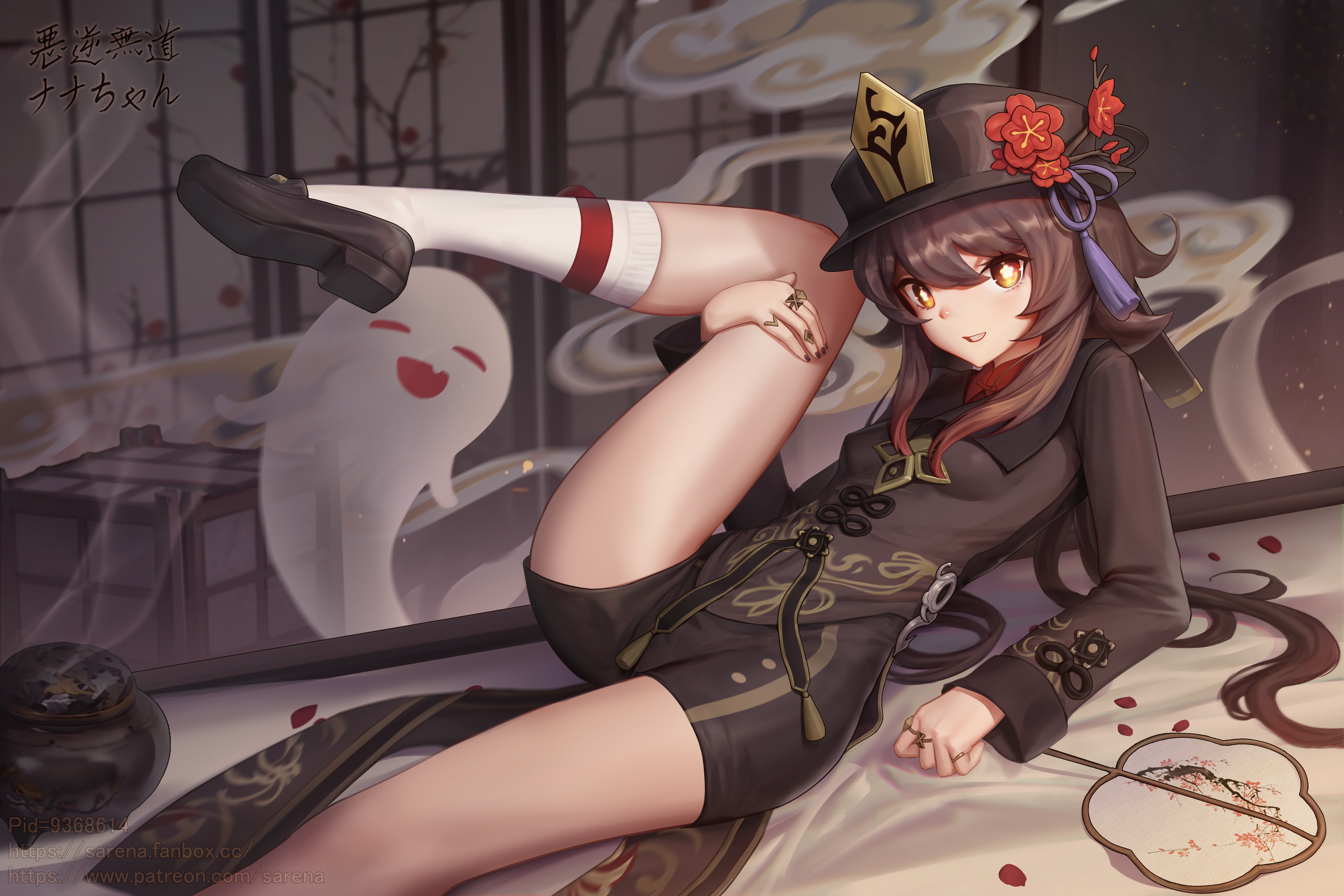 Hu Tao from Genshin Impact with a ghost HD Wallpaper