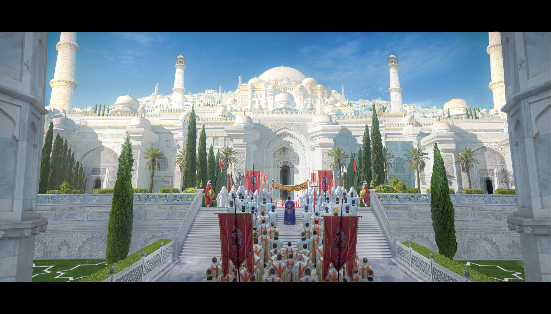 A grand white palace with a procession on the steps HD Wallpaper