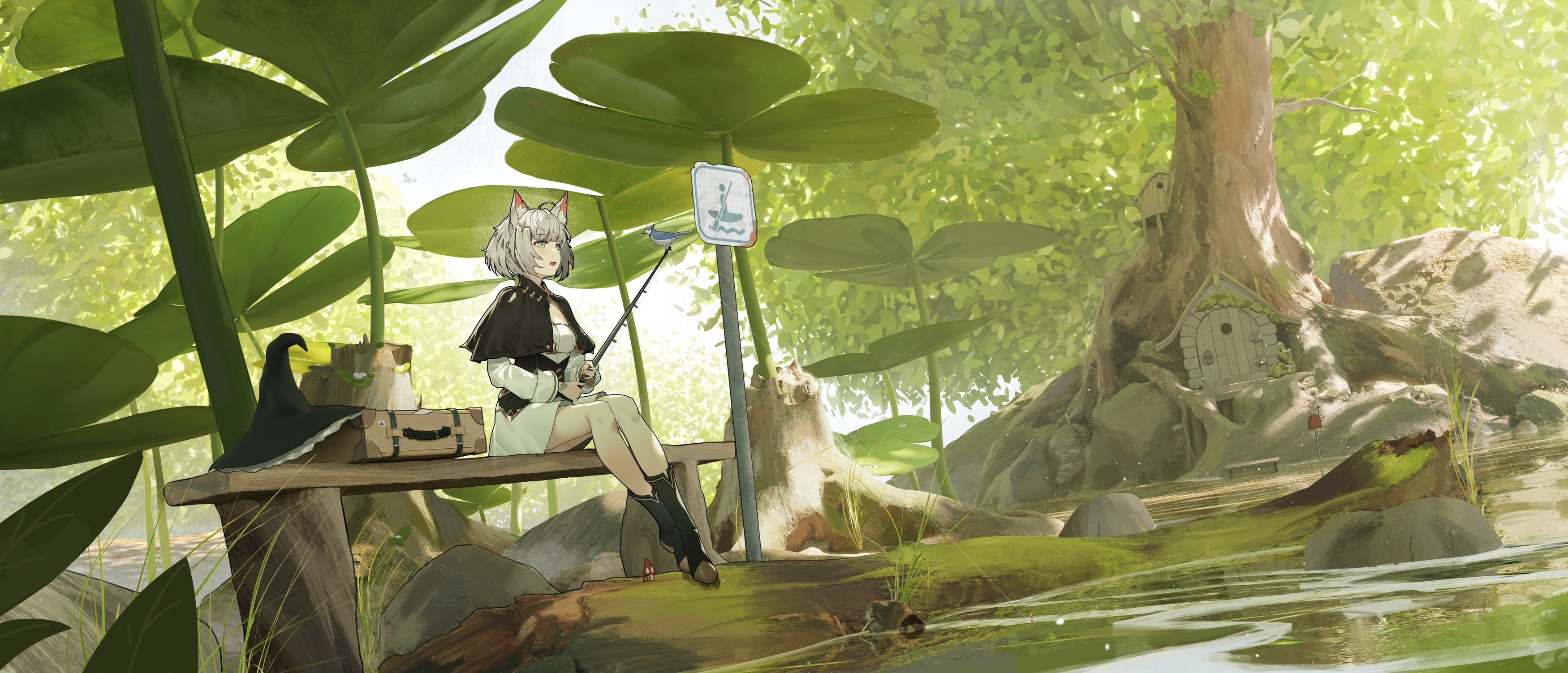 Girl with animal ears fishing by a treehouse HD Wallpaper