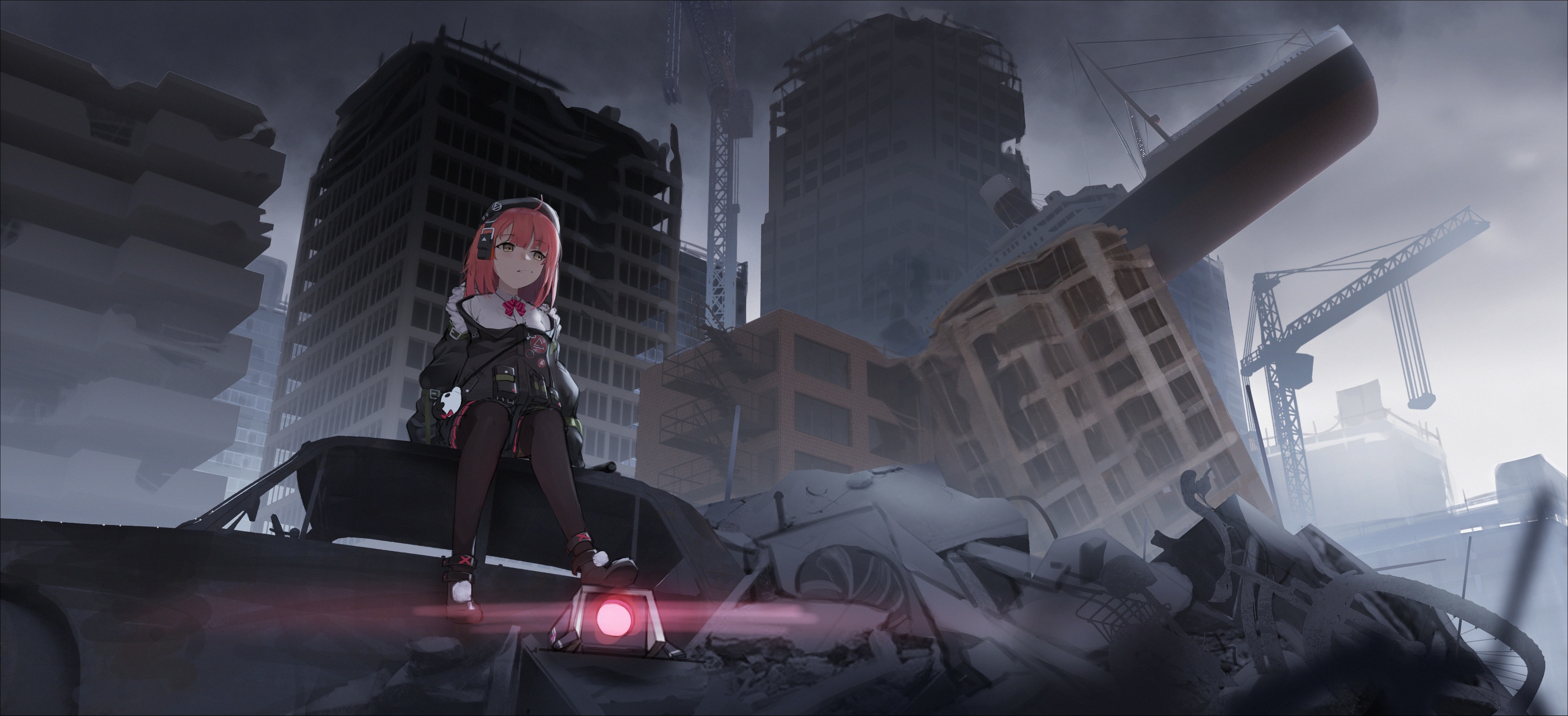 Apocalyptic scene with a girl and a ship in ruins HD Wallpaper