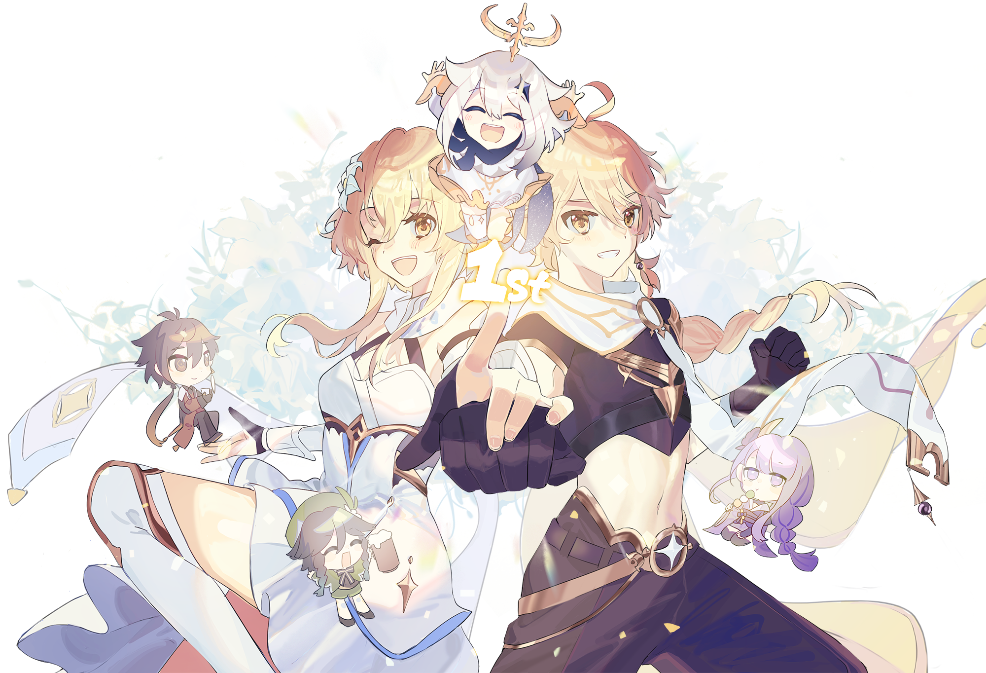 Genshin Impact Lumine, Aether, Paimon, Venti, and Zhongli HD Wallpaper