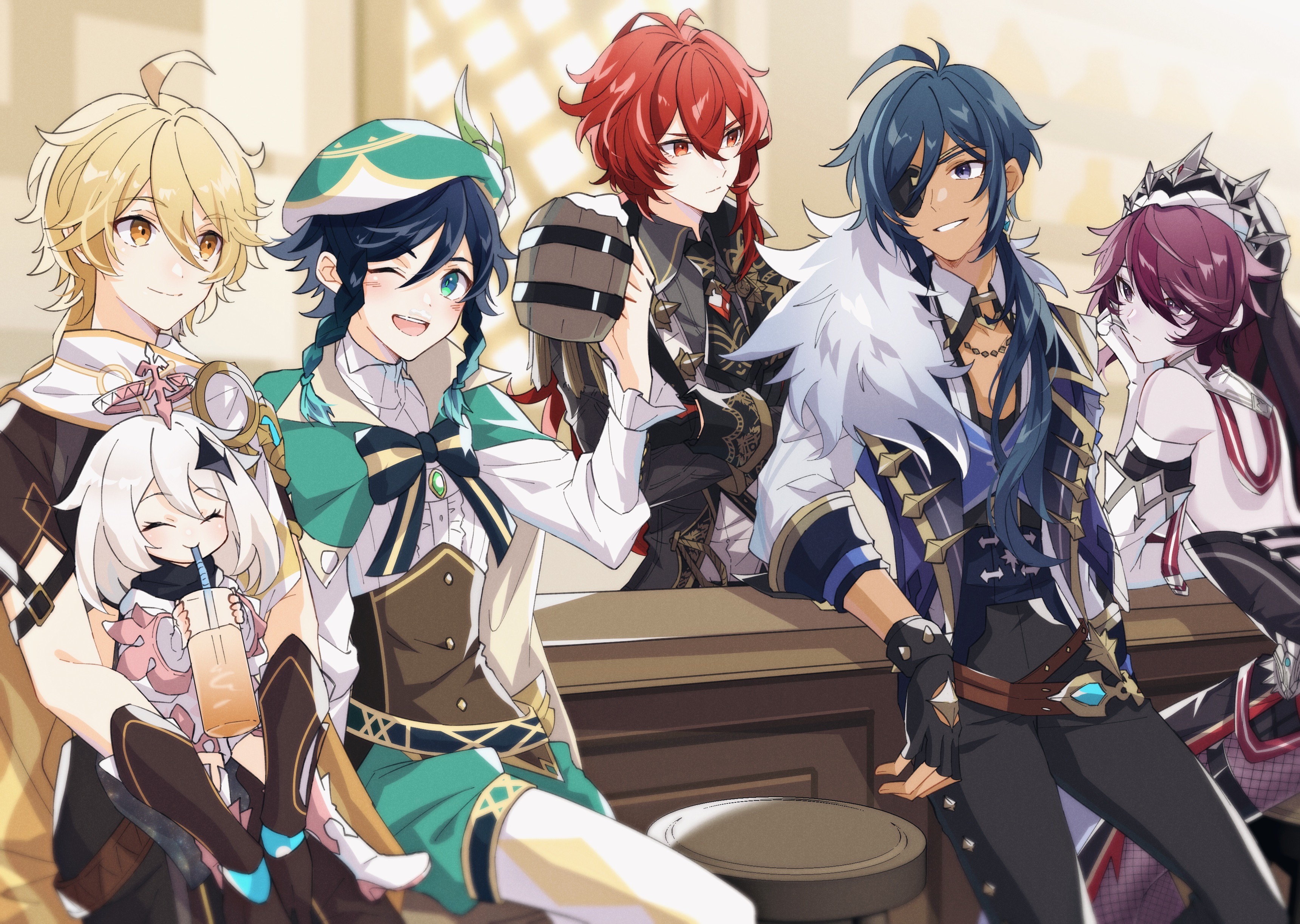 Genshin Impact characters Aether, Venti, Diluc, Kaeya, Rosaria, and Paimon HD Wallpaper