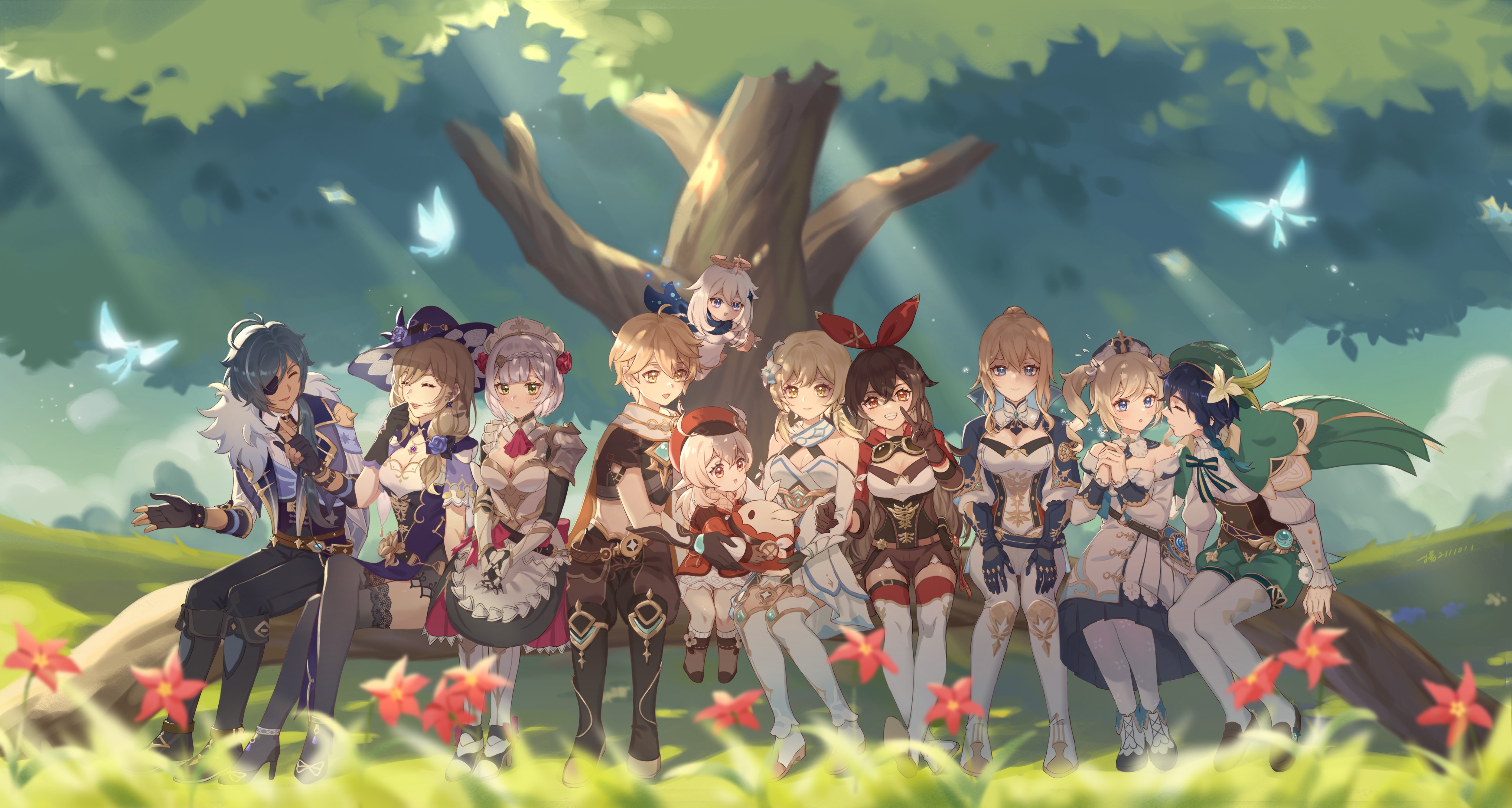 Genshin Impact Characters Posing Under a Tree HD Wallpaper