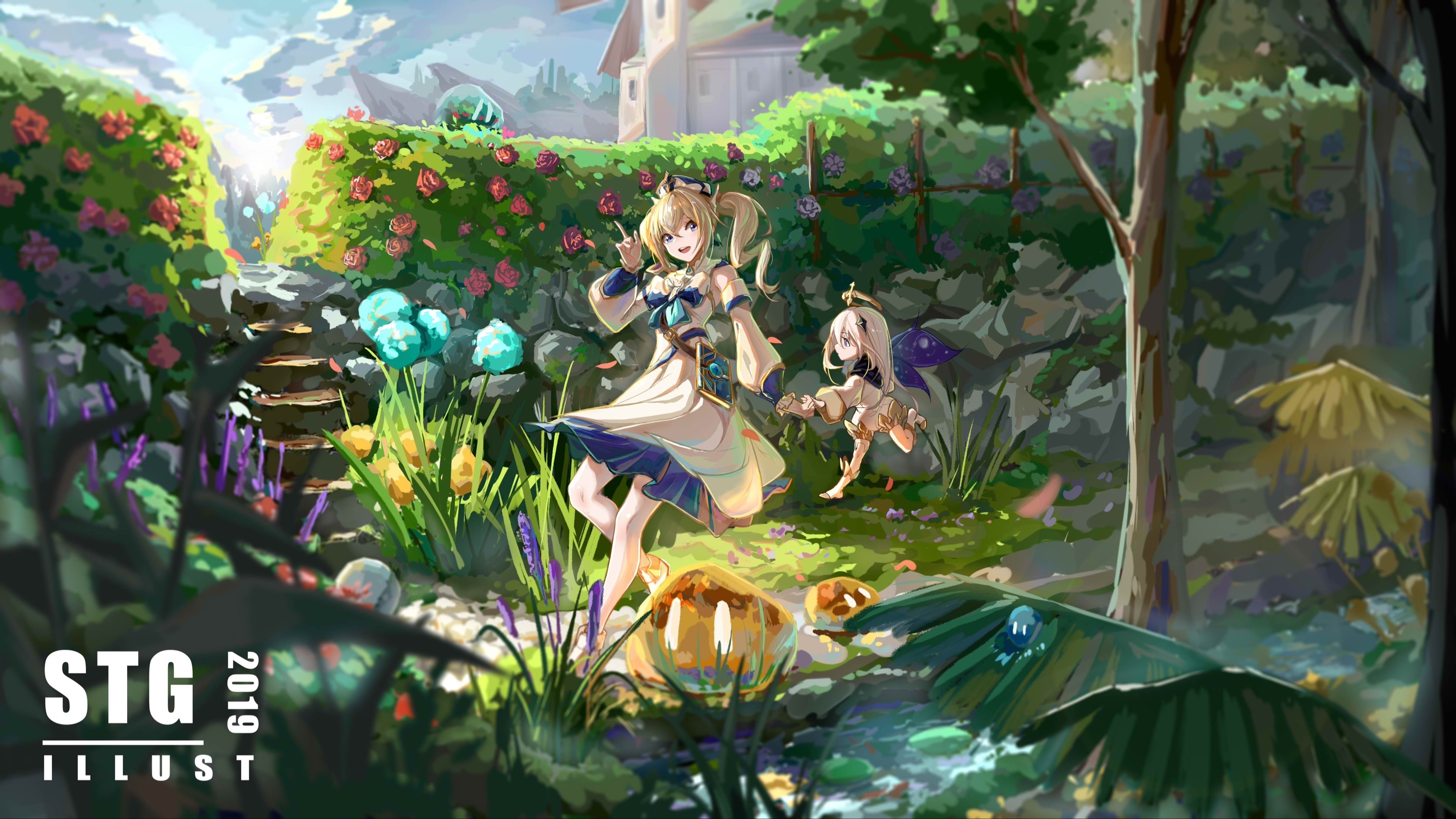 Barbara and Paimon in a garden HD Wallpaper