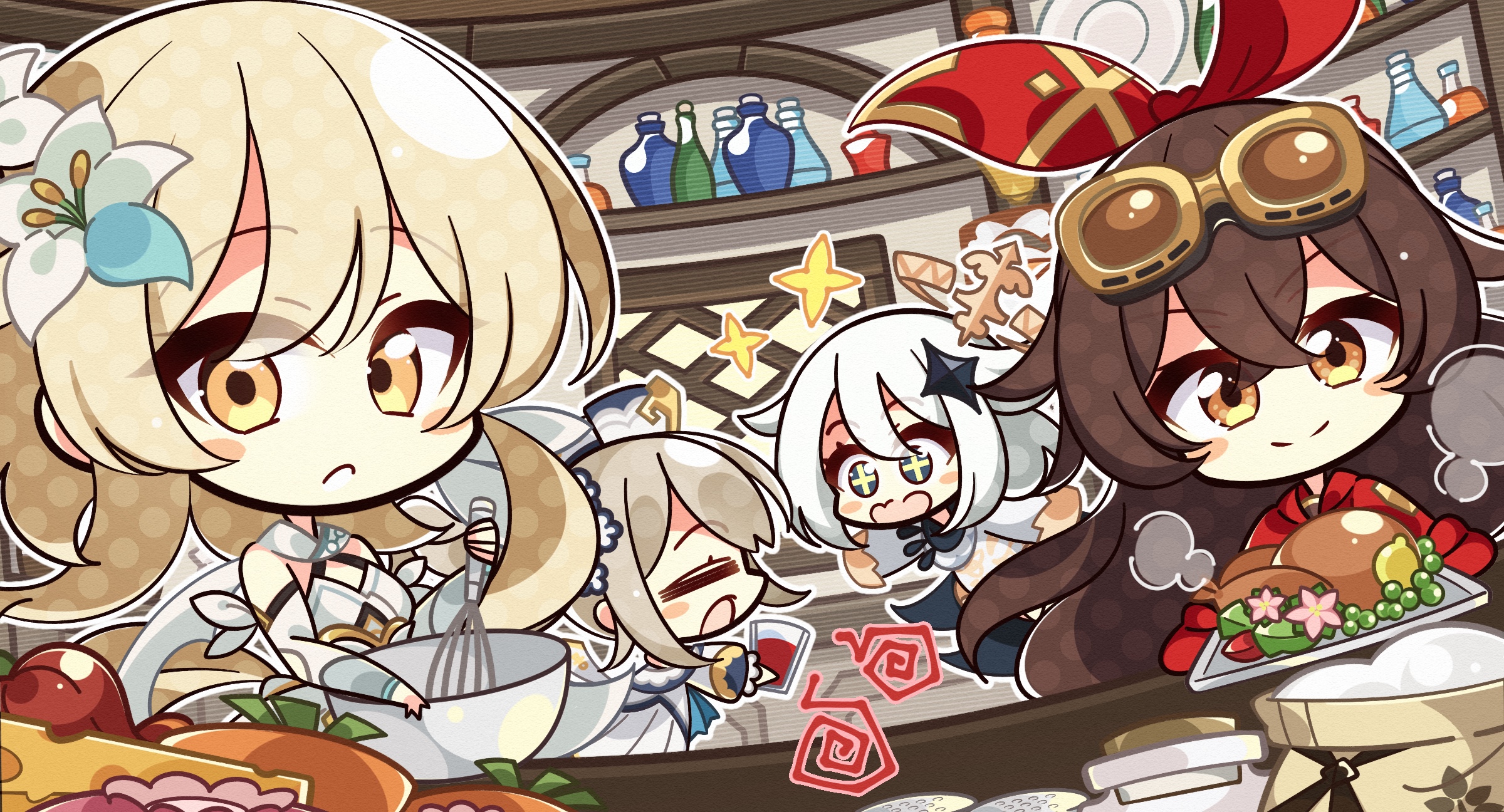 Genshin Impact: Lumine, Amber, Paimon, and Barbara cooking HD Wallpaper