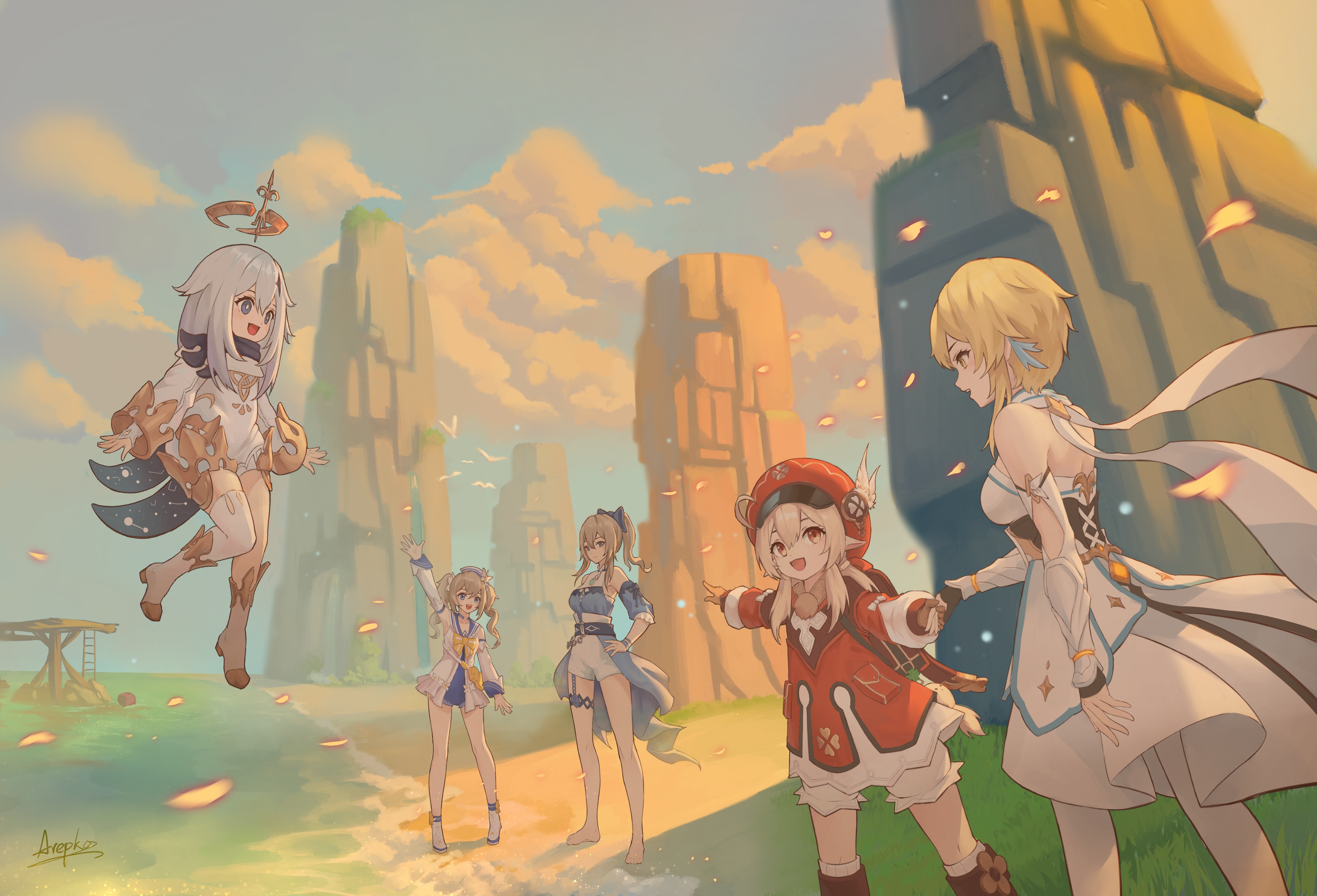 Paimon, Klee, Lumine, Barbara, and Jean in Genshin Impact HD Wallpaper