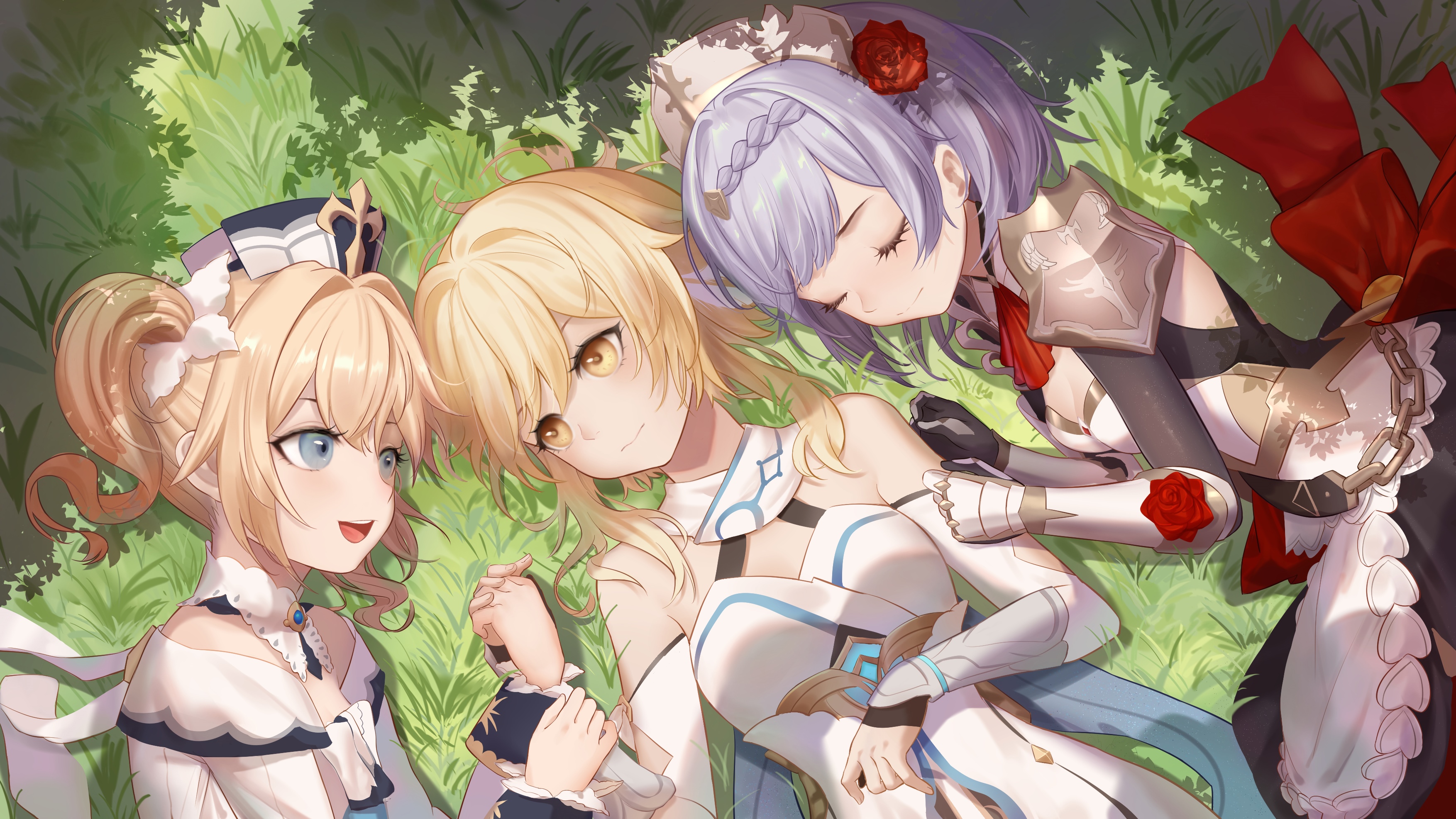 Genshin Impact: Barbara, Lumine, and Noelle resting in grass HD Wallpaper