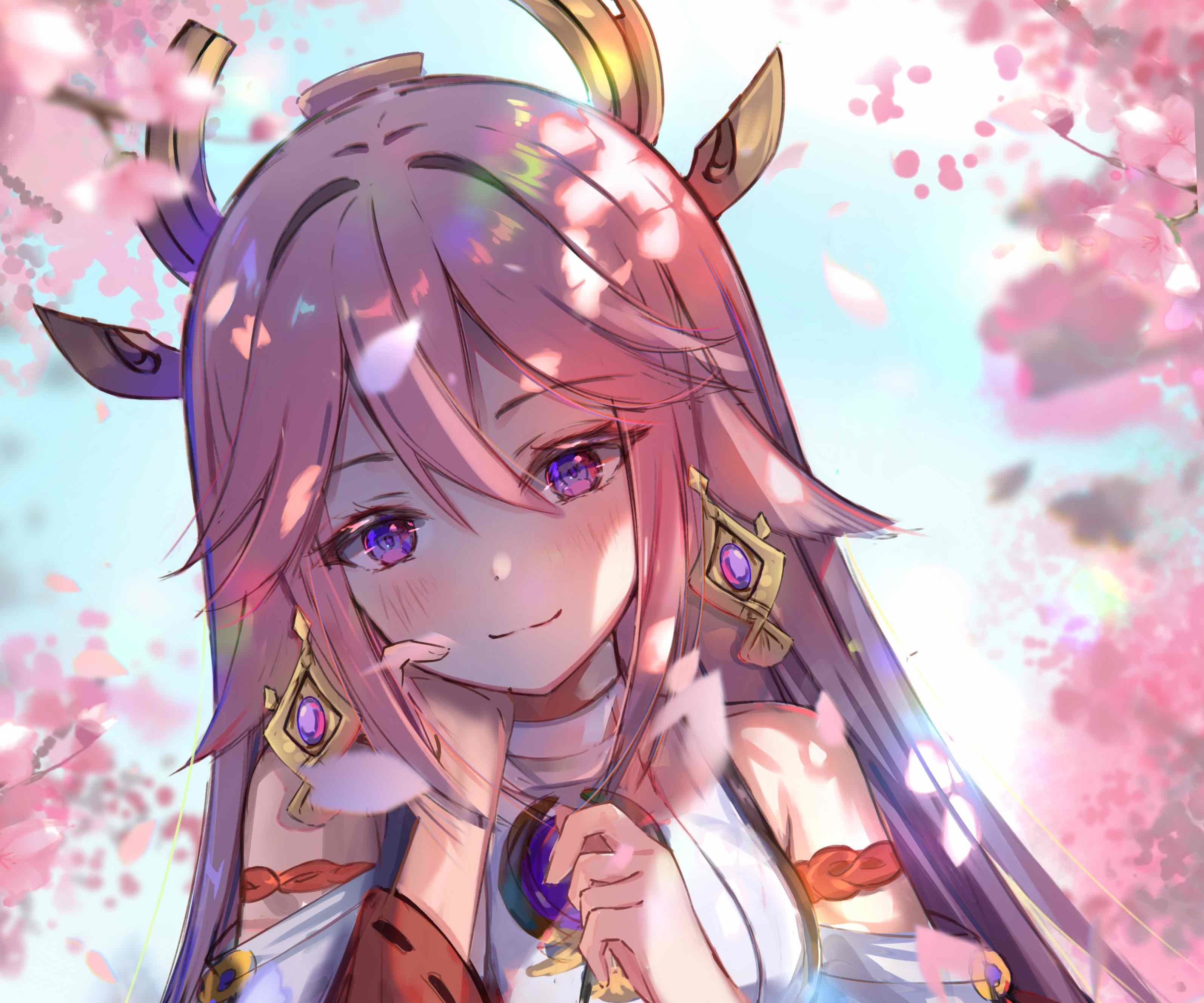 Yae Miko from Genshin Impact with cherry blossoms HD Wallpaper