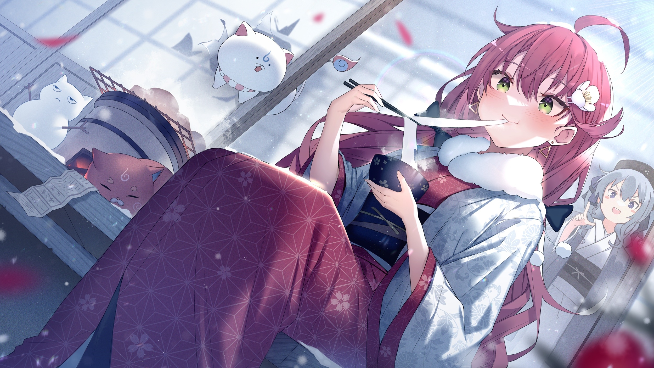 Sakura Miko and Hoshimachi Suisei in Kimonos with Cats HD Wallpaper
