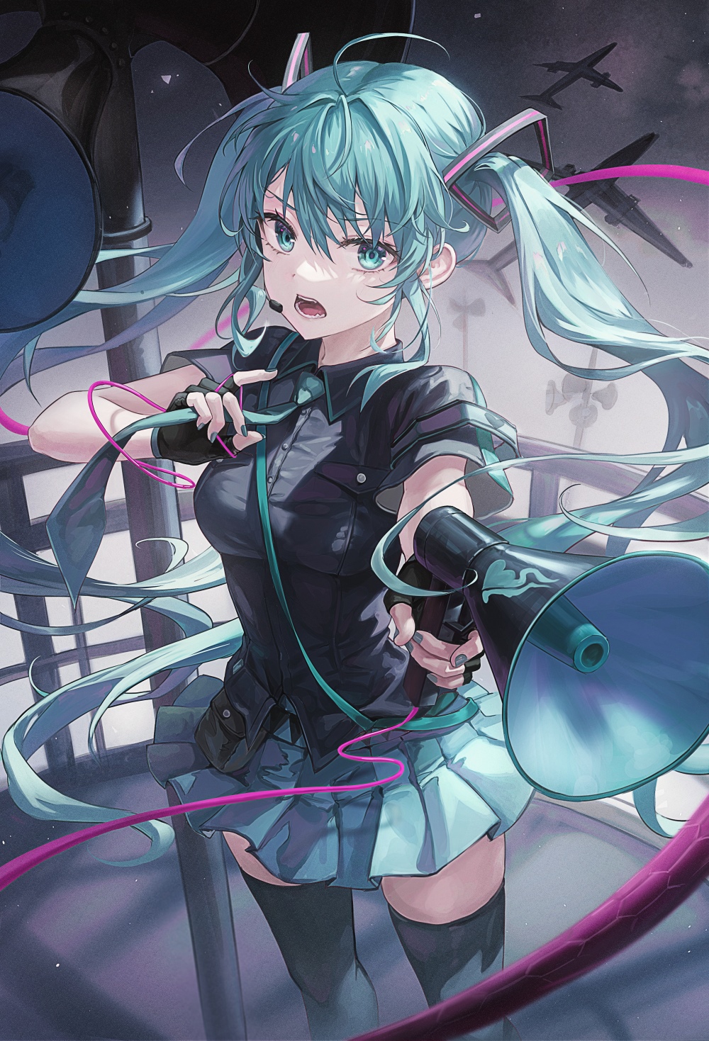 Hatsune Miku with Megaphones and Airplanes HD Phone Wallpaper