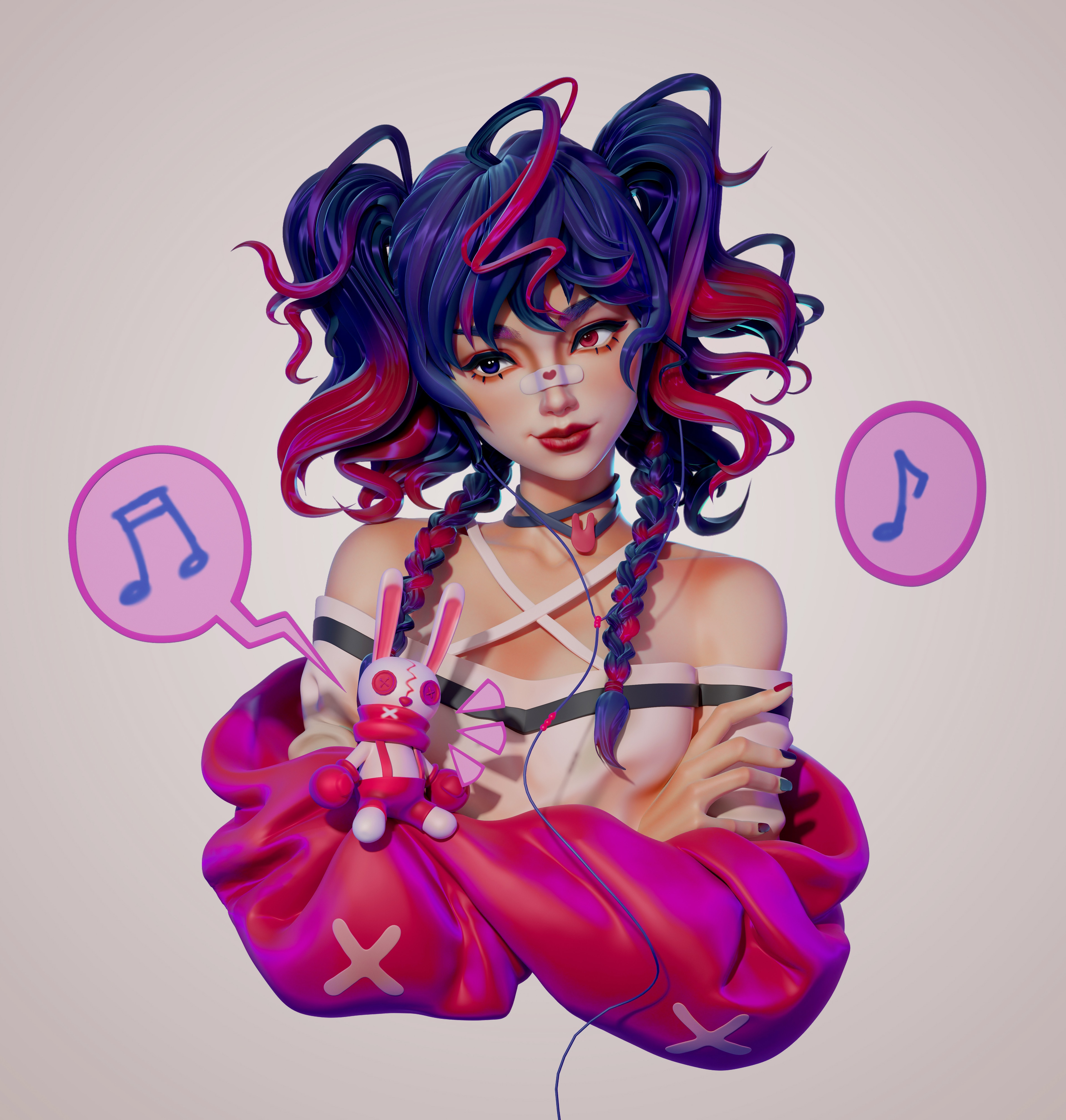 Woman with blue and pink hair listening to music HD Wallpaper