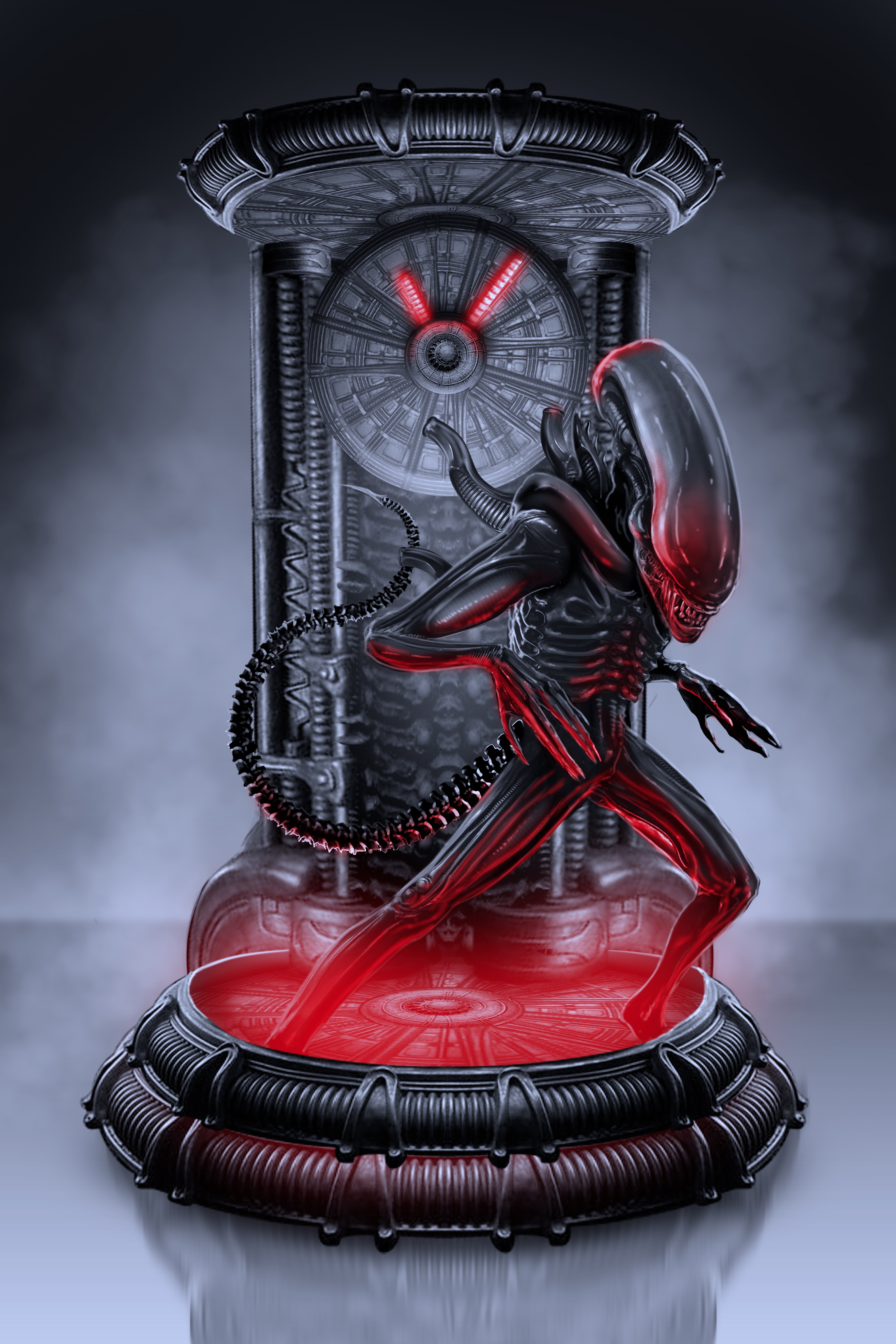 Xenomorph standing on a glowing red platform HD Phone Wallpaper
