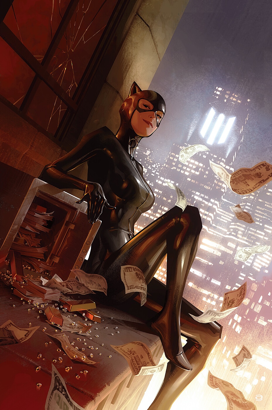 Catwoman sitting on a ledge with money and gold HD Phone Wallpaper