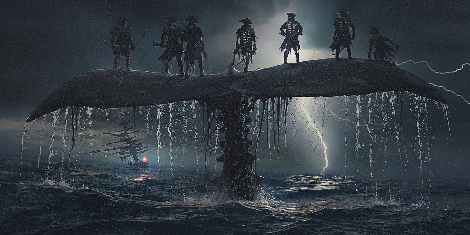 Pirates on a whale's tail during a lightning storm HD Wallpaper