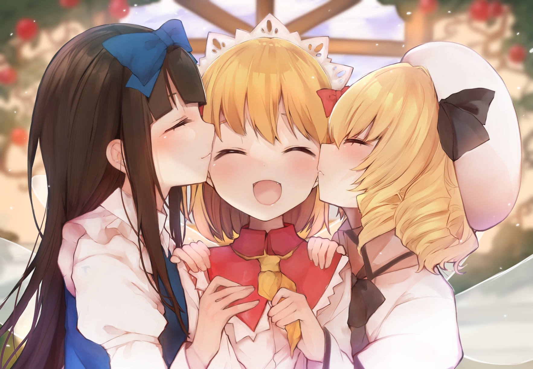 Touhou: Luna Child, Sunny Milk, and Star Sapphire sharing affection HD Wallpaper