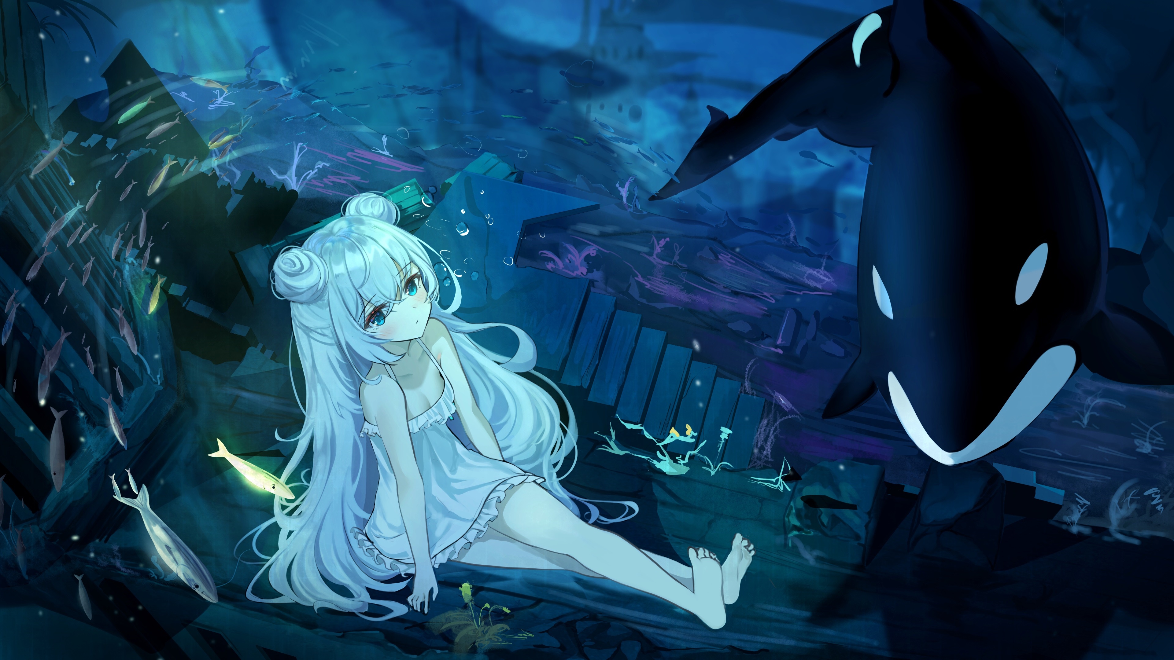 4K Underwater Scene with Girl and Orca HD Wallpaper