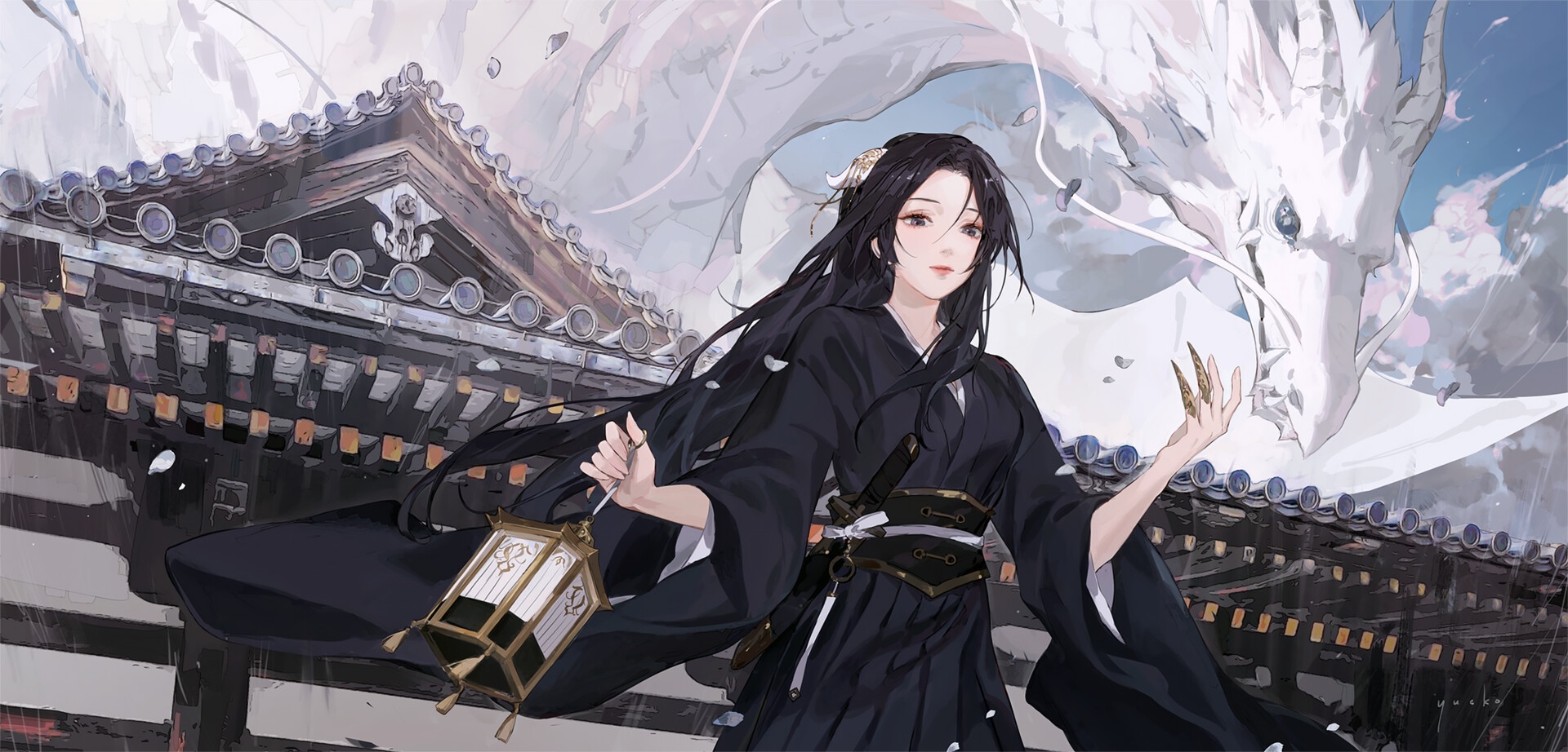 Yueko with a white dragon and traditional building HD Wallpaper
