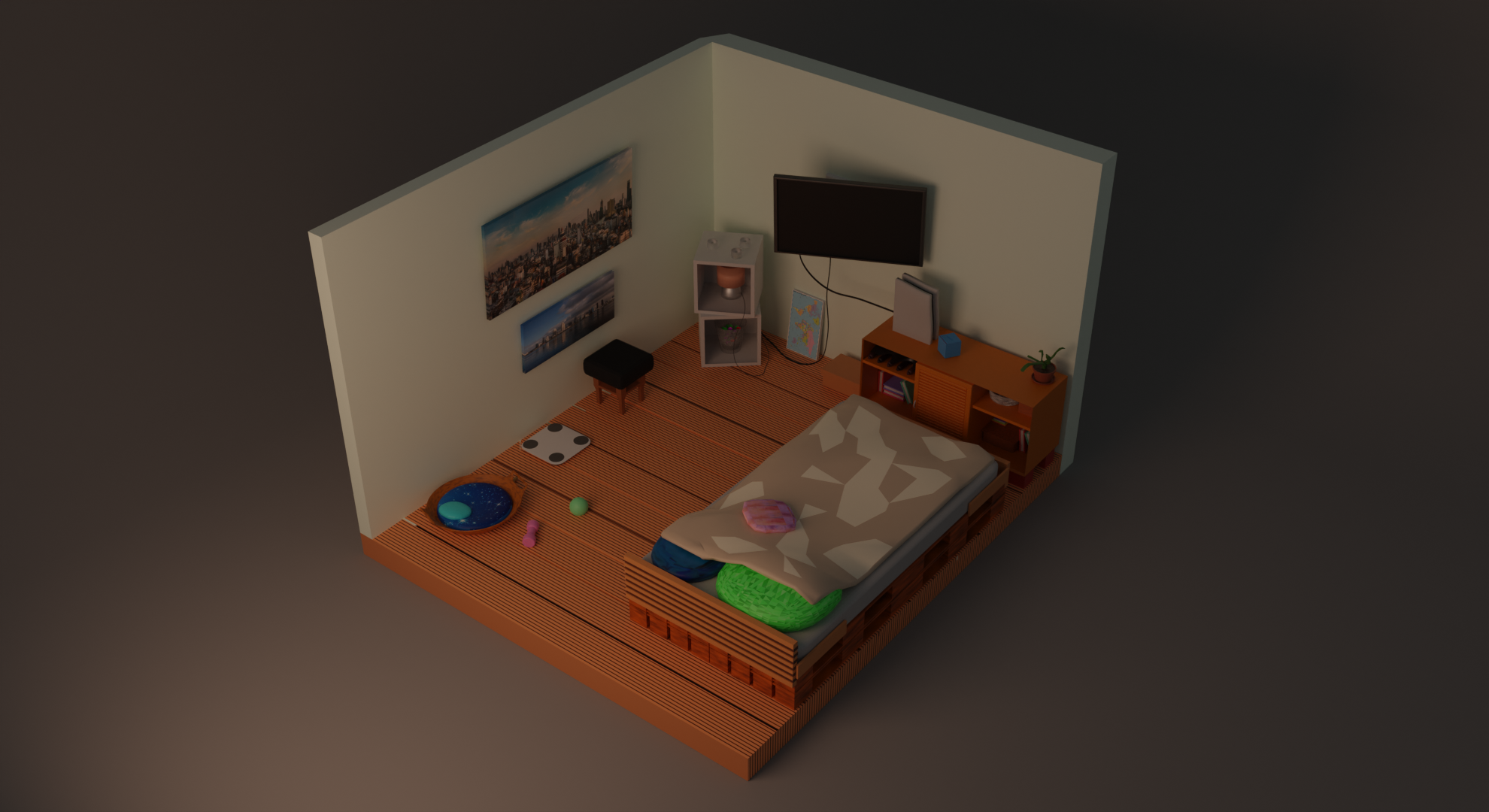 Isometric Bedroom with Bed and TV HD Wallpaper