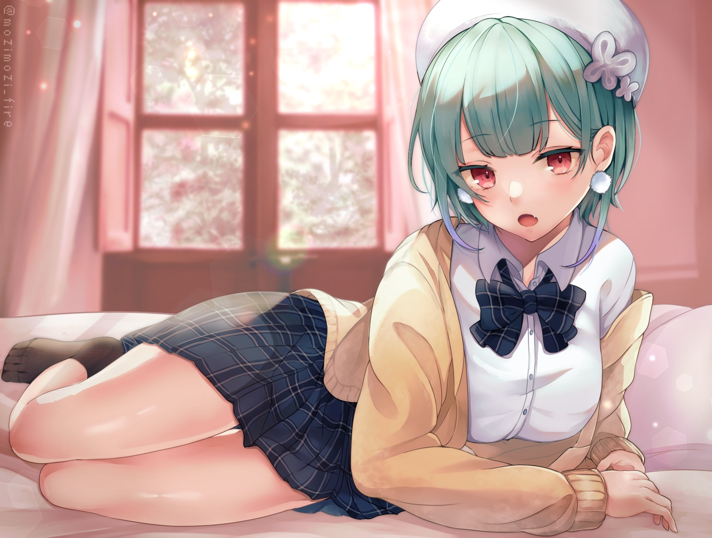Uruha Rushia in bed with green hair and school uniform HD Wallpaper