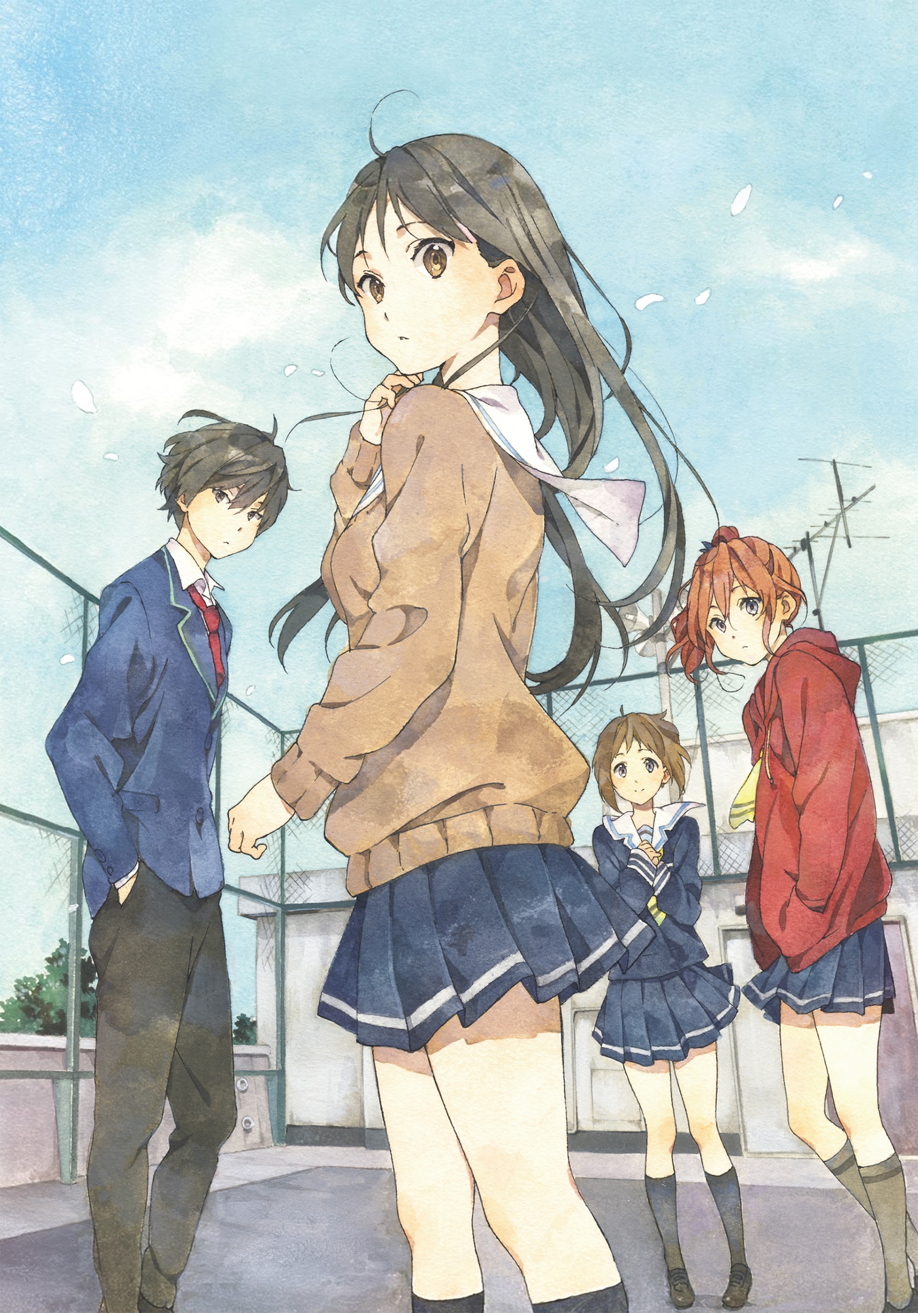 Four students in school uniforms on a rooftop HD Phone Wallpaper