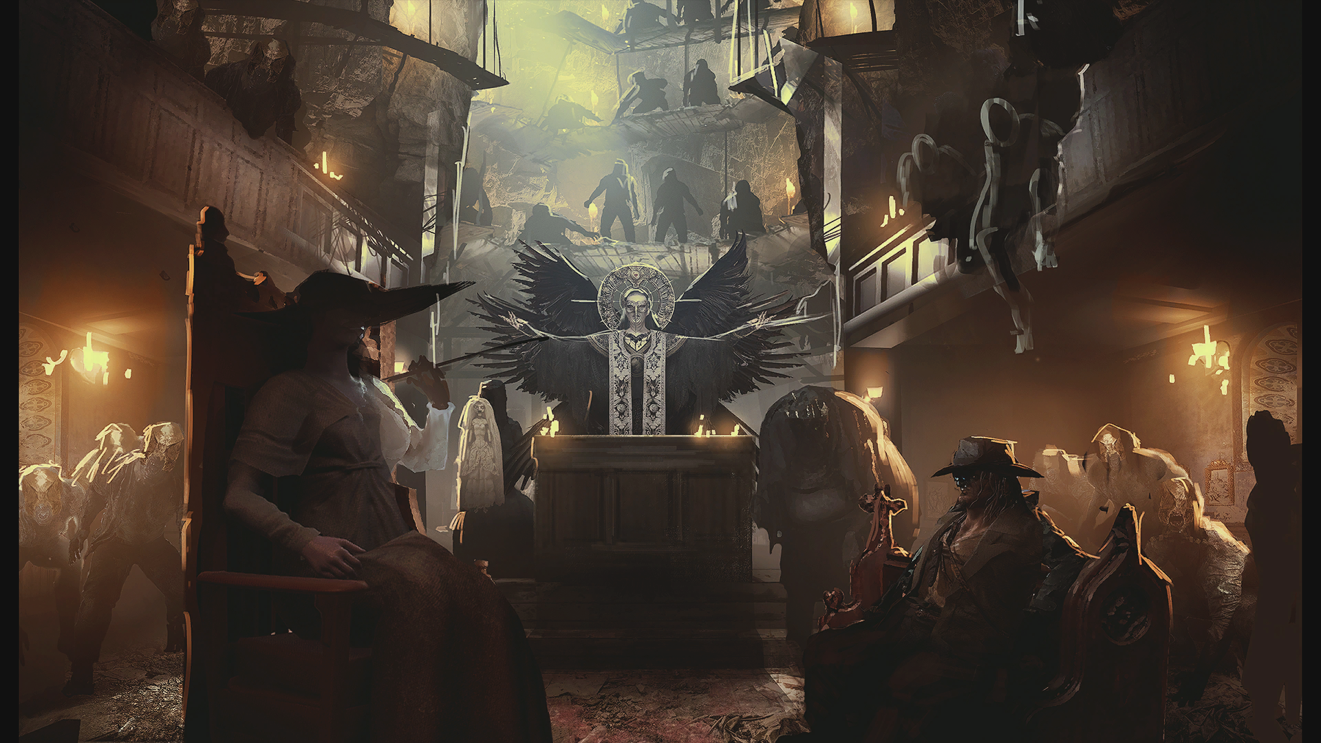 Resident Evil 8: Village - Donna Beneviento and figures in a church HD Wallpaper