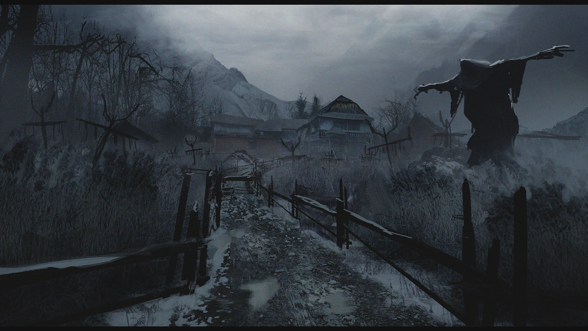 Resident Evil 8: Village screenshot with scarecrows HD Wallpaper