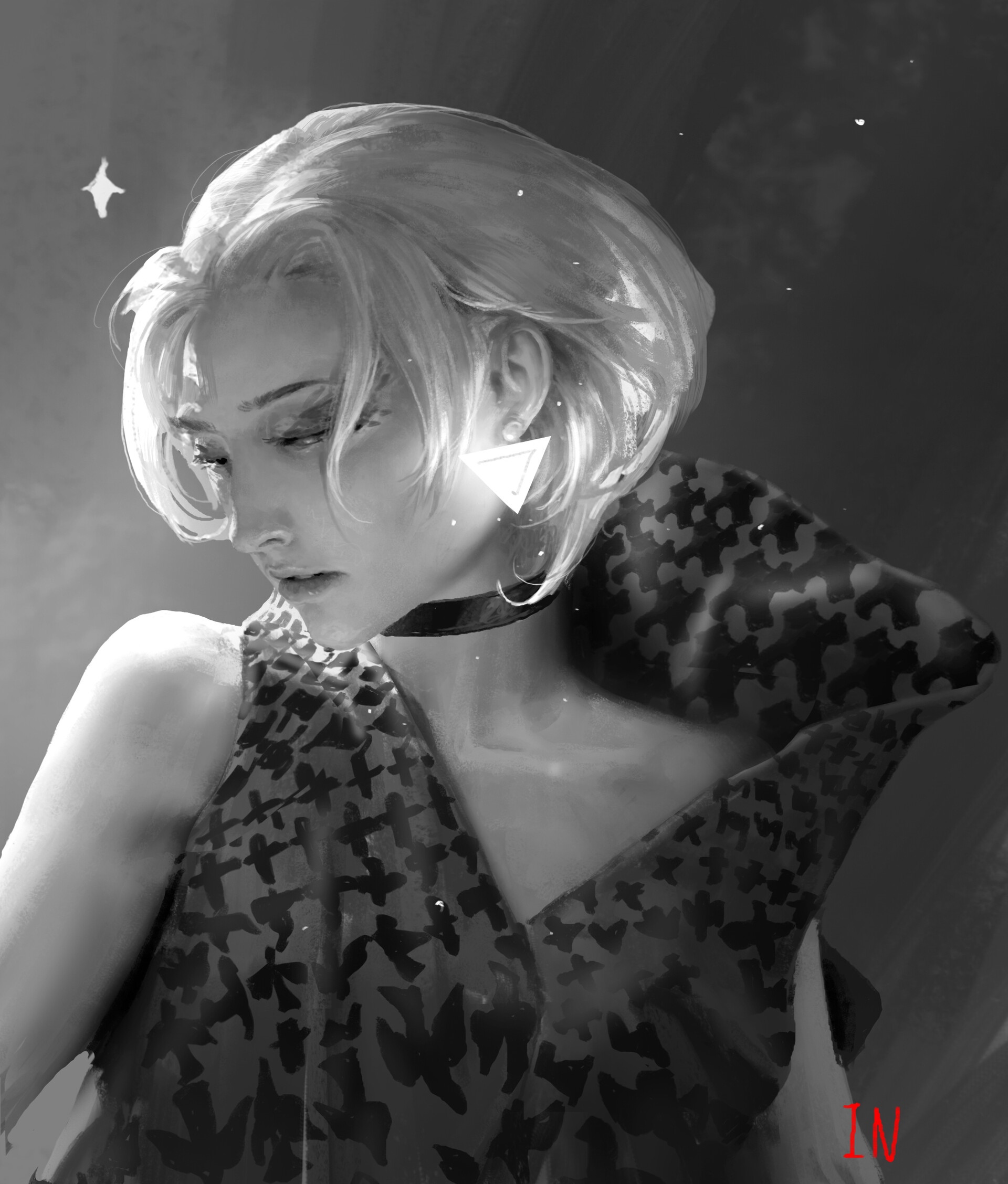 Monochrome artwork of a woman with blonde hair HD Phone Wallpaper