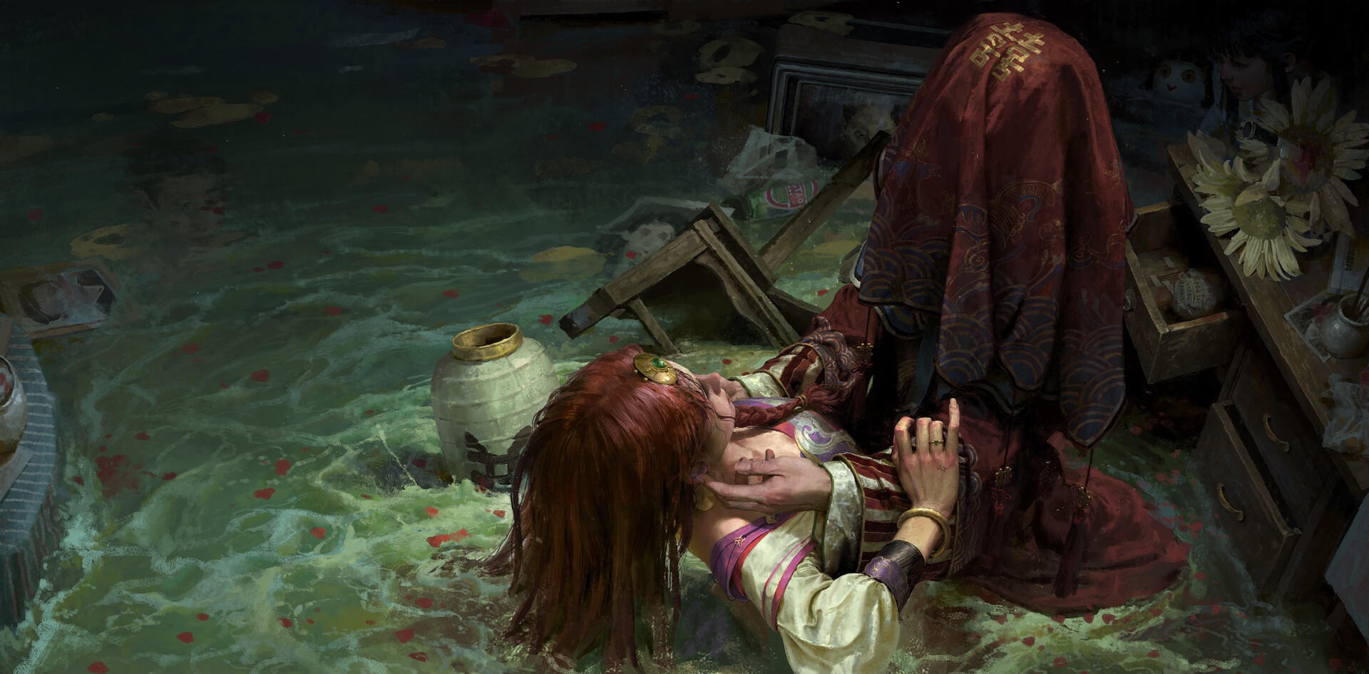 Fantasy art of women in a flooded room HD Wallpaper