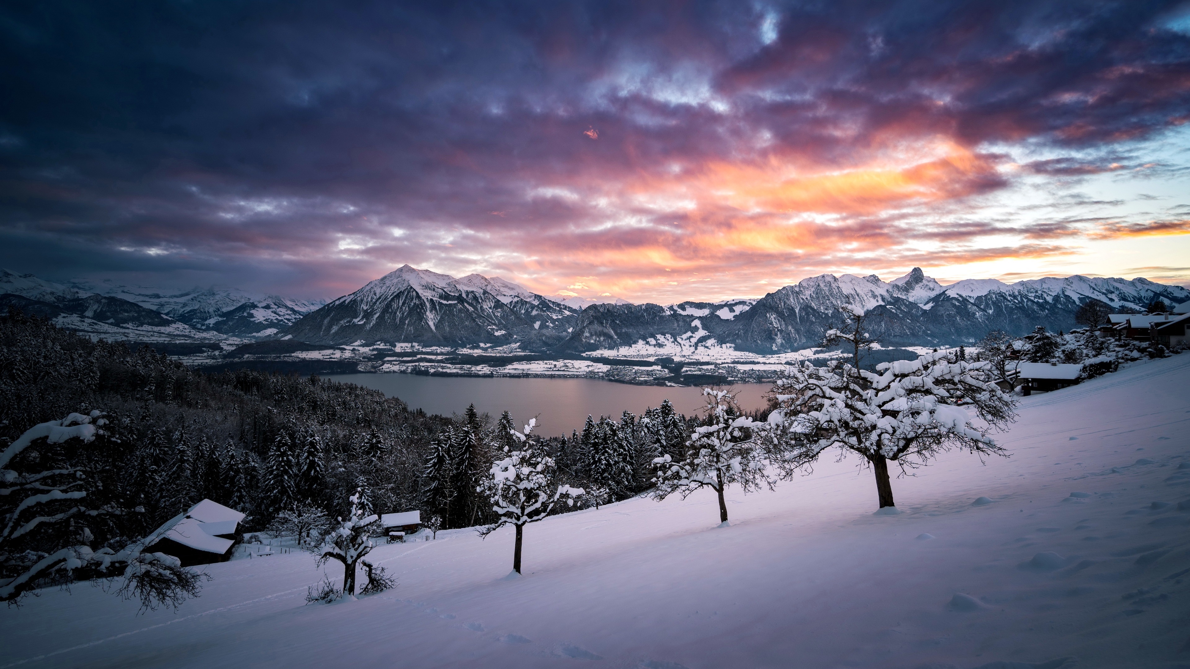 4K Snowy Mountain Landscape with Lake at Sunset HD Wallpaper