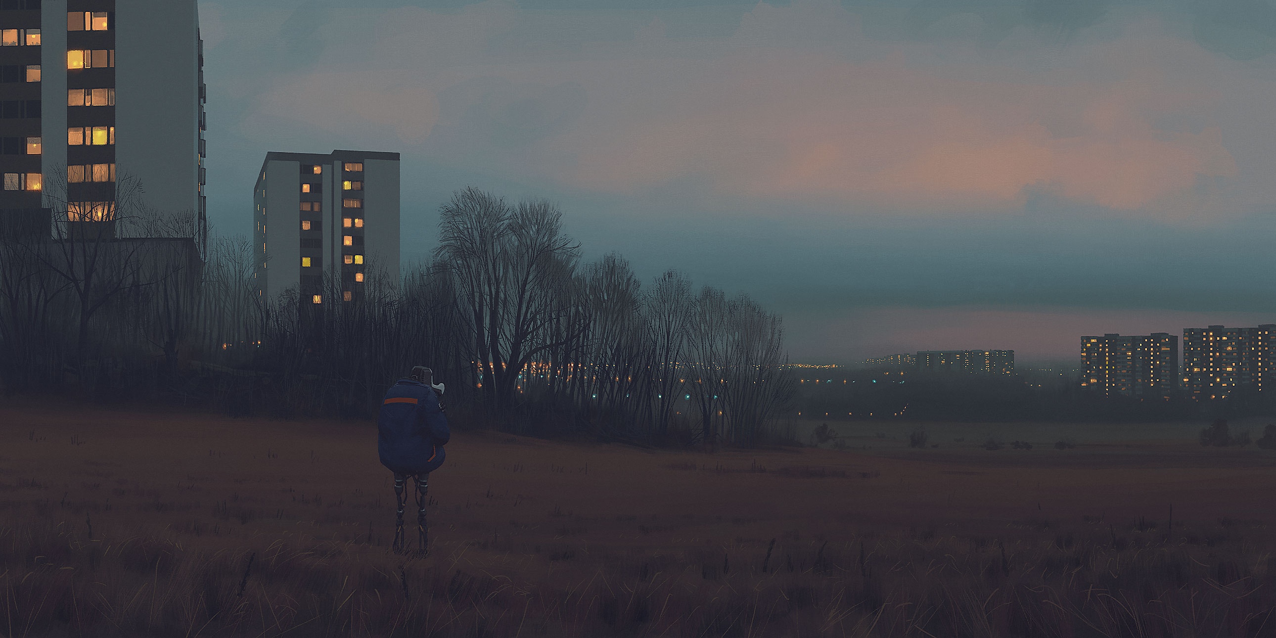 Simon Stålenhag painting of a person in a field with buildings HD Wallpaper