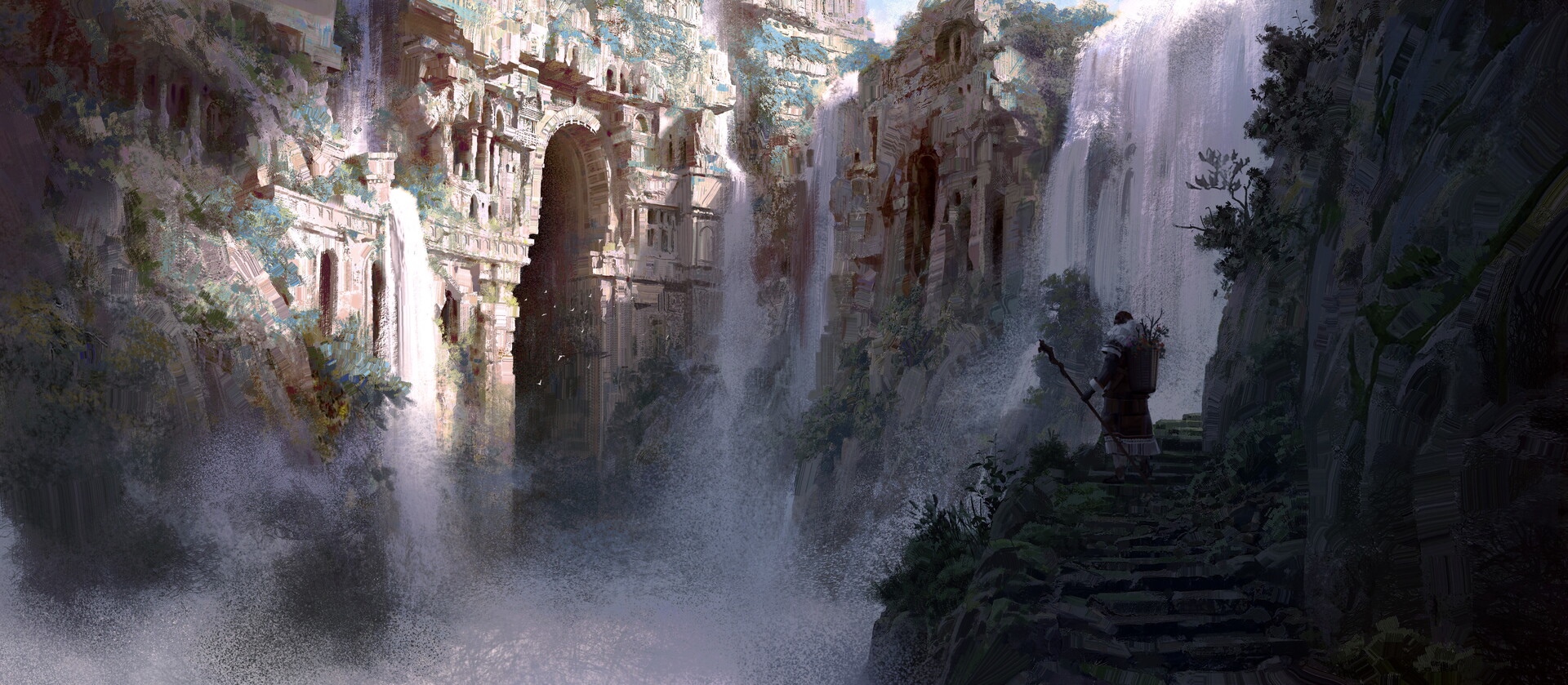 Fantasy ruins with waterfalls and a traveler HD Wallpaper