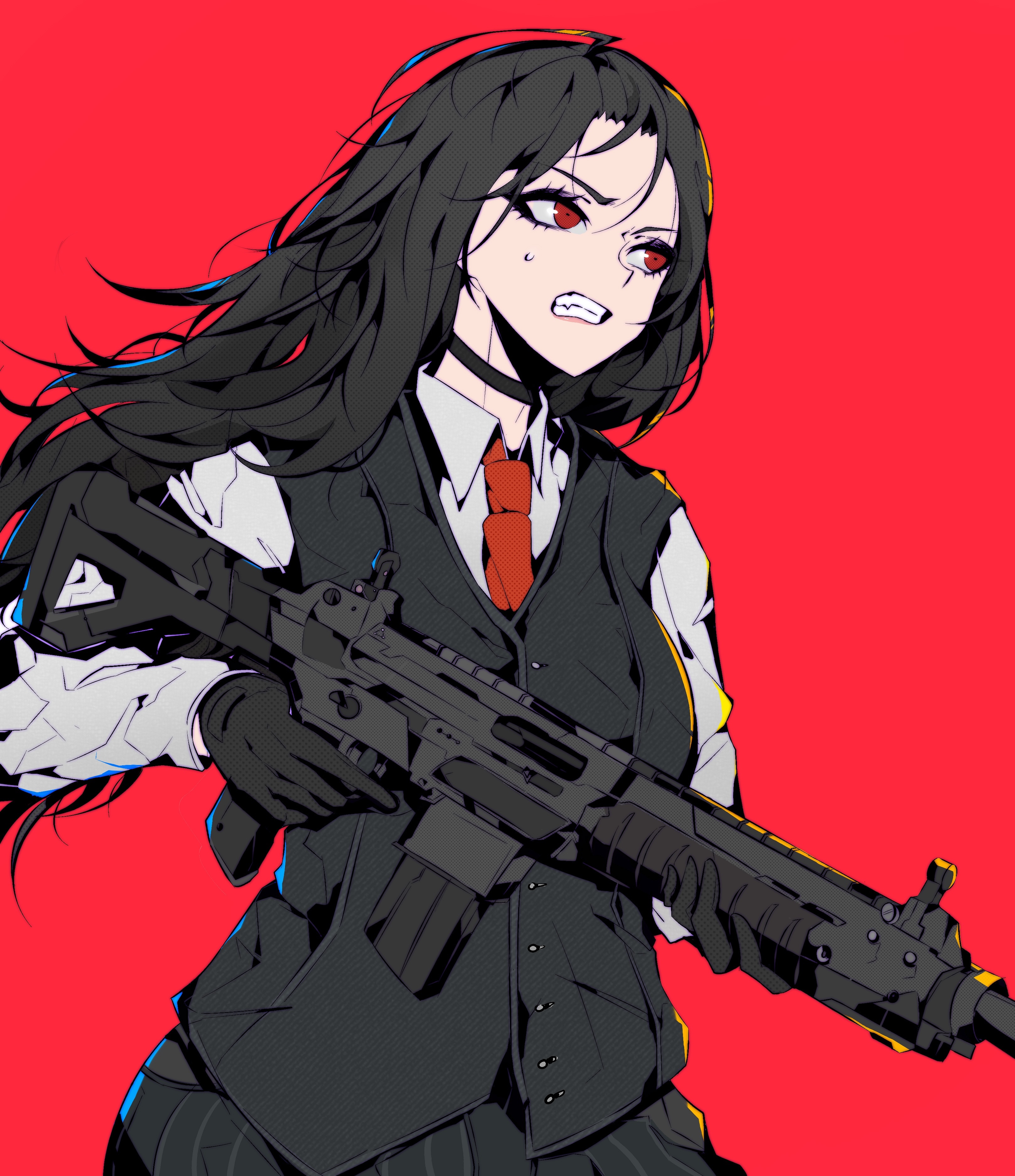 Woman with black hair holding an assault rifle HD Phone Wallpaper