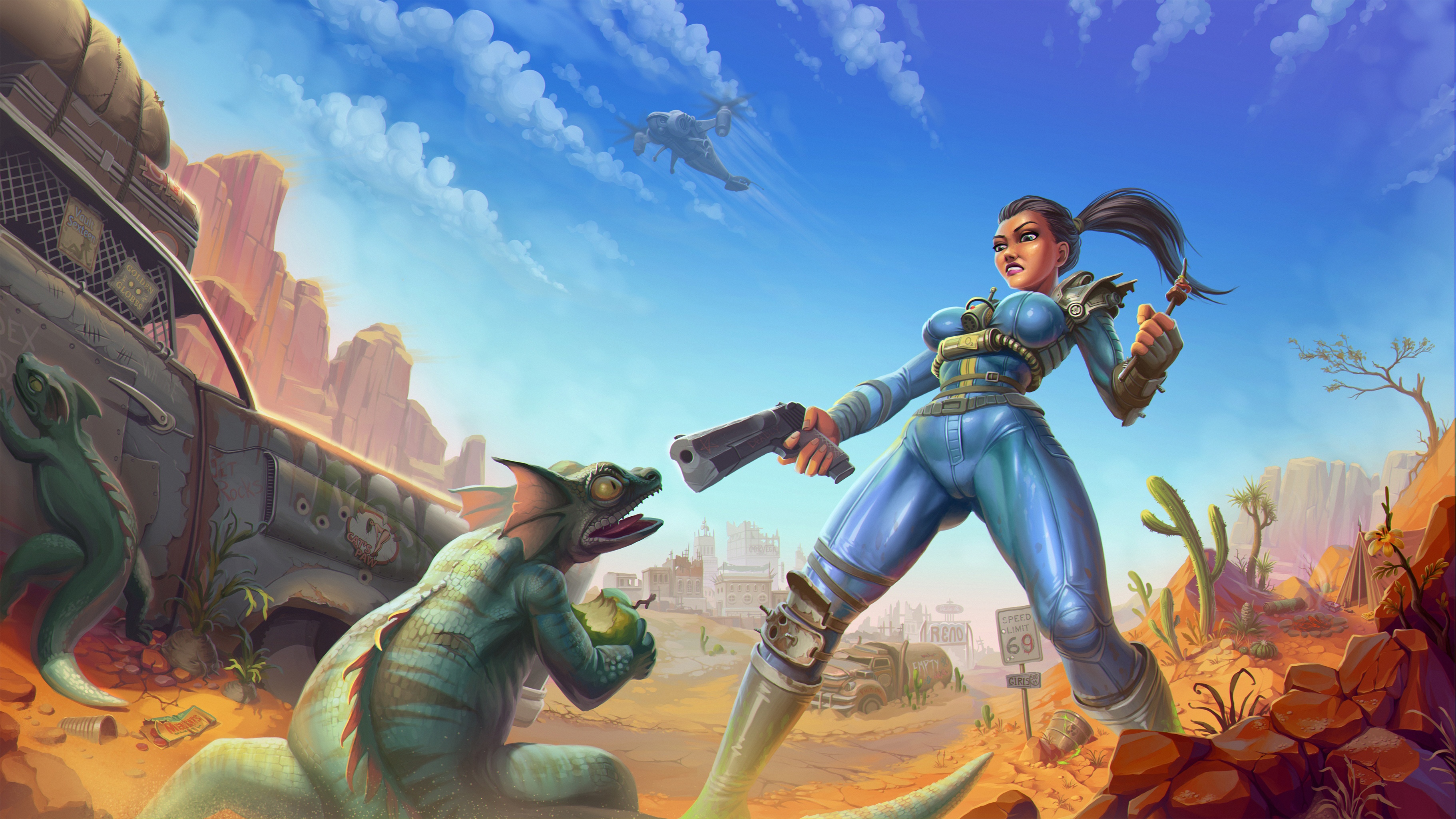 Fallout Vault Dweller with Geckos in Wasteland HD Wallpaper