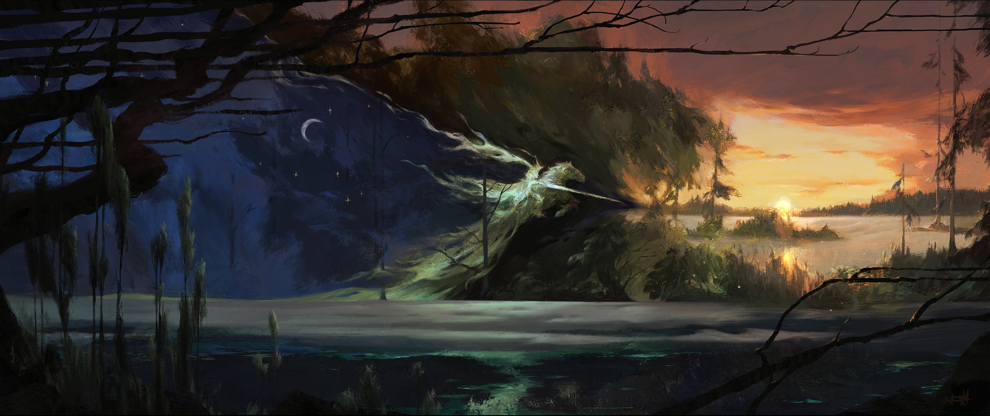 Fantasy art of a mythical creature at twilight HD Wallpaper