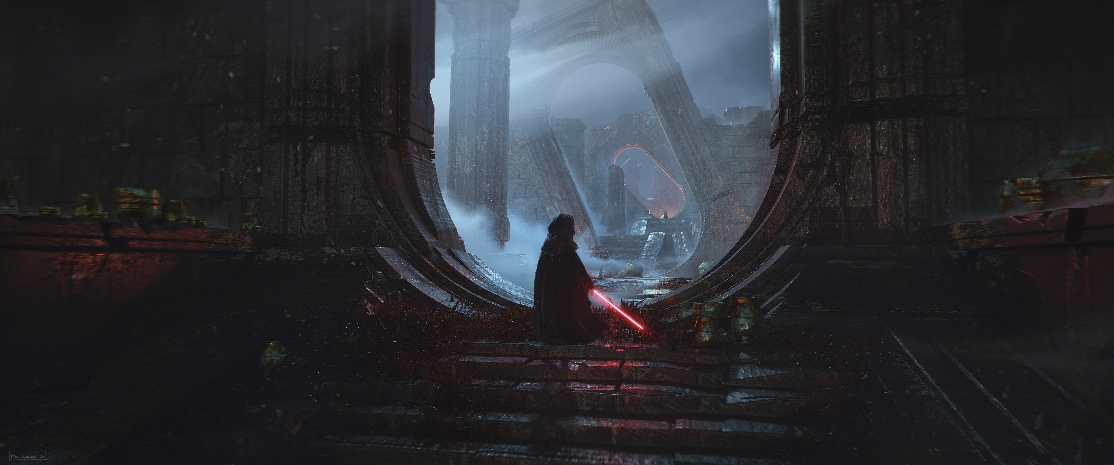 Sith Lord with Lightsaber in Ancient Ruins HD Wallpaper