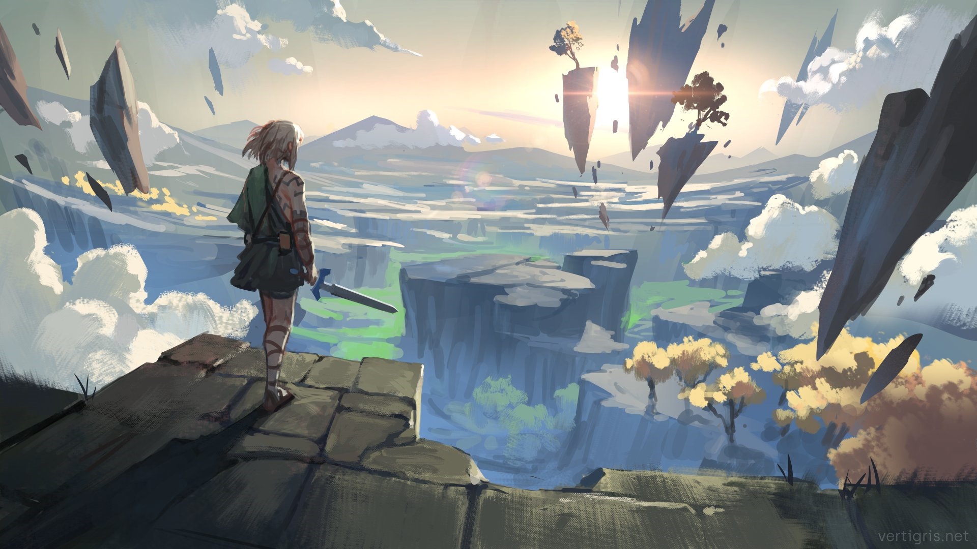 The Legend of Zelda: Link overlooking floating islands HD Wallpaper