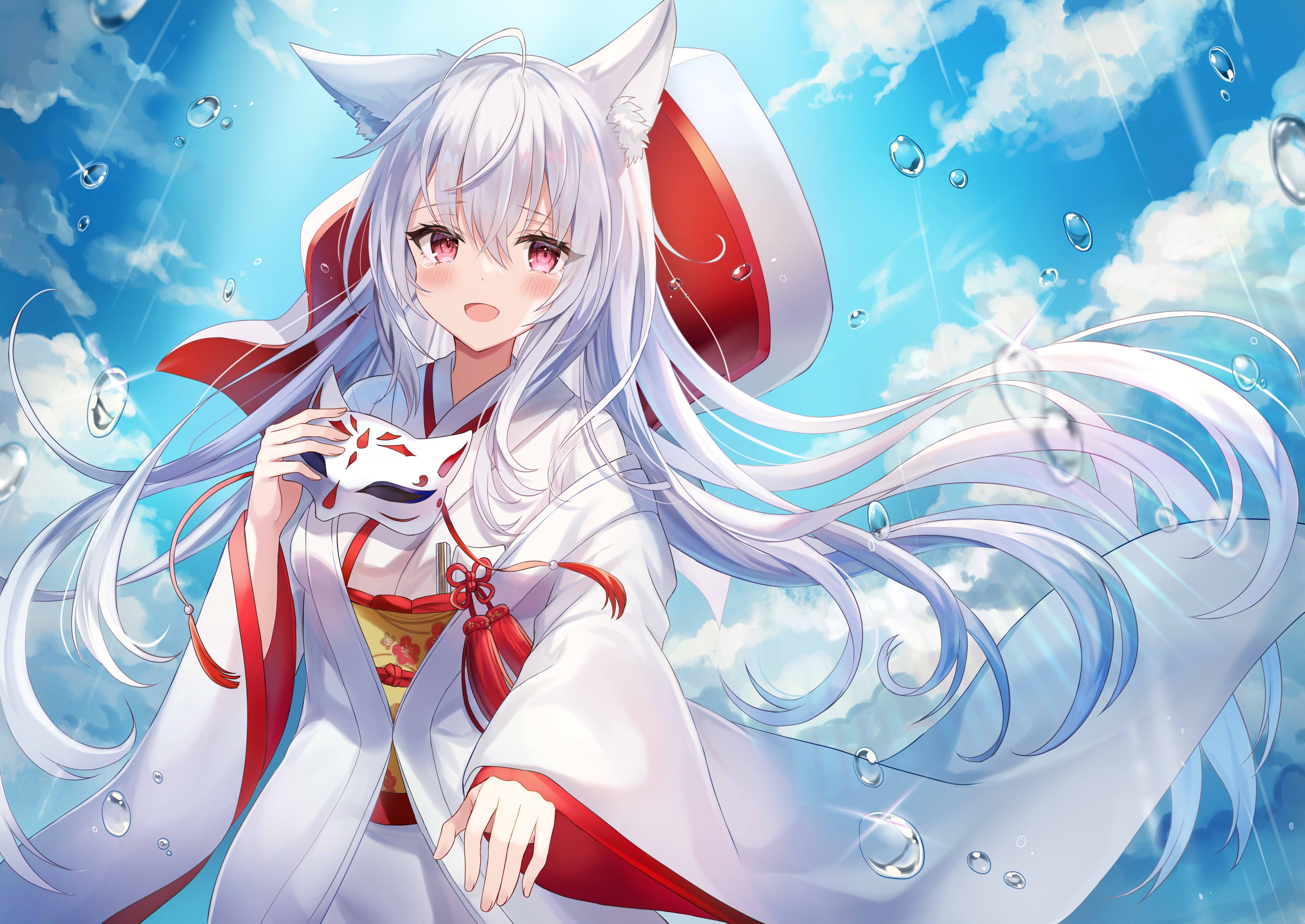 Fox girl in Japanese clothes holding a mask HD Wallpaper