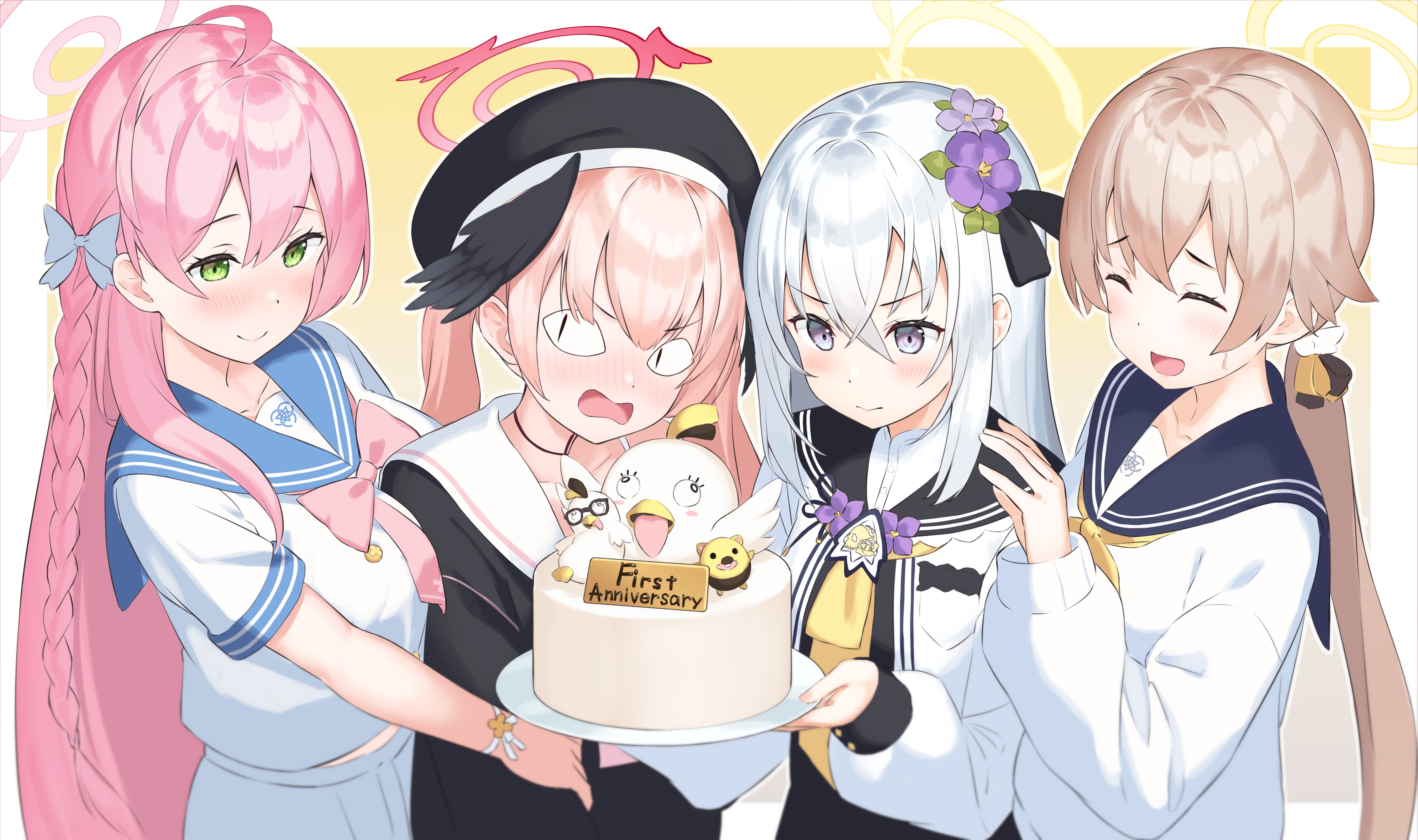 Blue Archive characters celebrating with a cake HD Wallpaper
