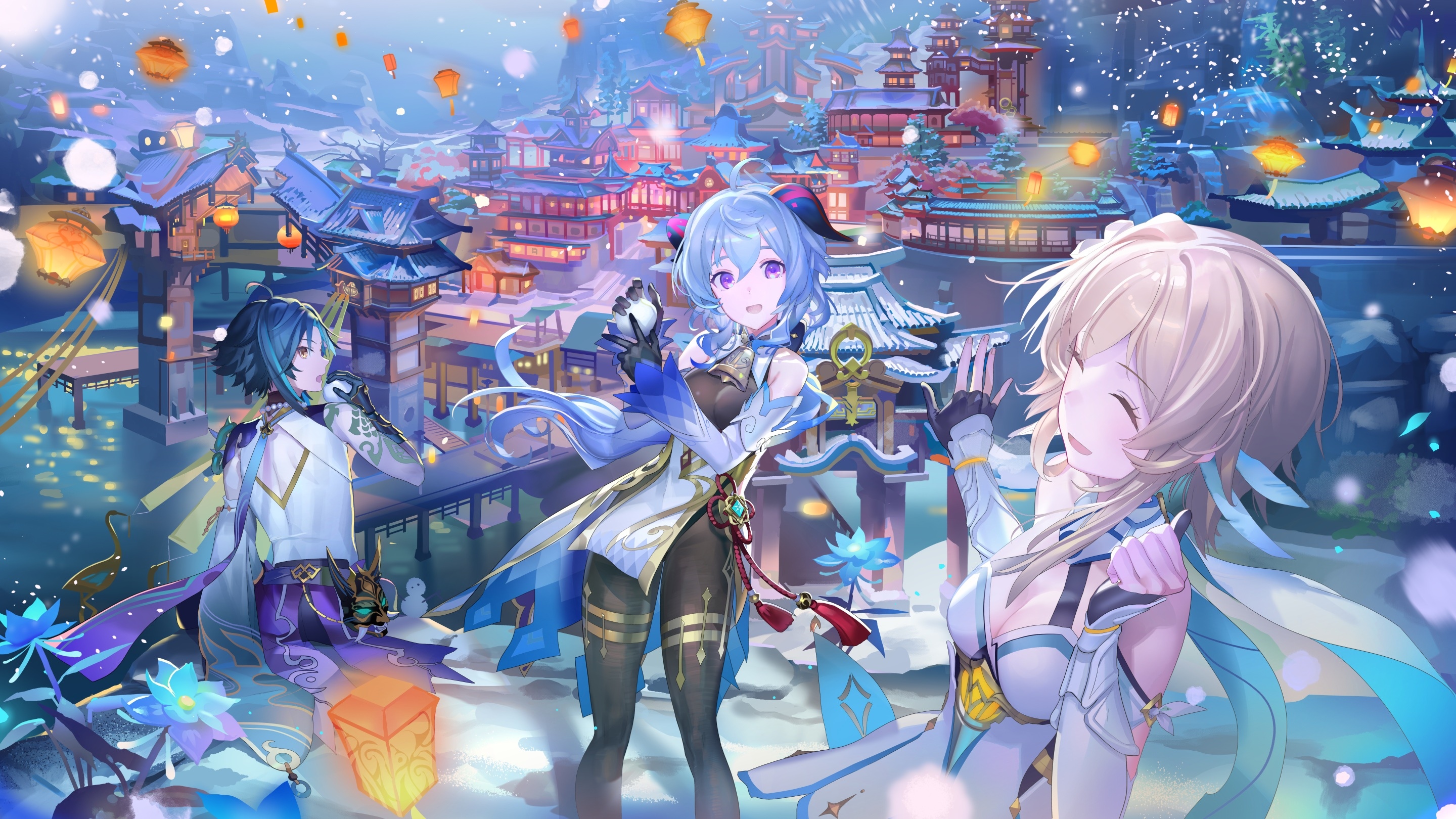 Genshin Impact characters Ganyu, Lumine, and Xiao in a snowy city HD Wallpaper