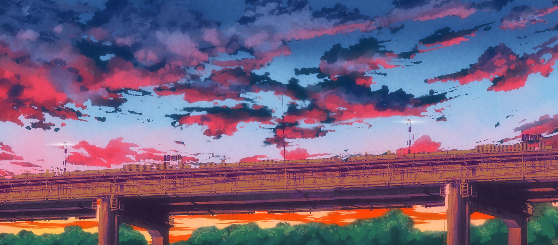 Anime bridge at sunset with colorful clouds HD Wallpaper