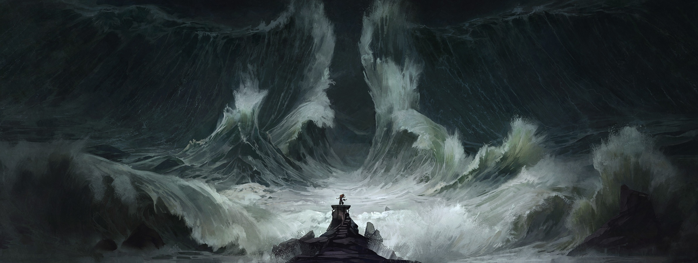 Sam Hogg's fantasy art of a person facing giant waves HD Wallpaper