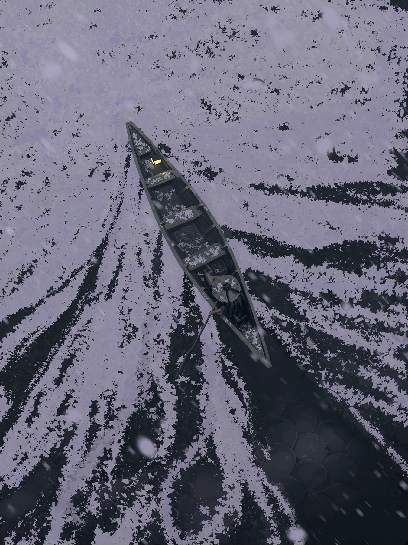 A lone figure in a canoe on a snowy lake HD Phone Wallpaper